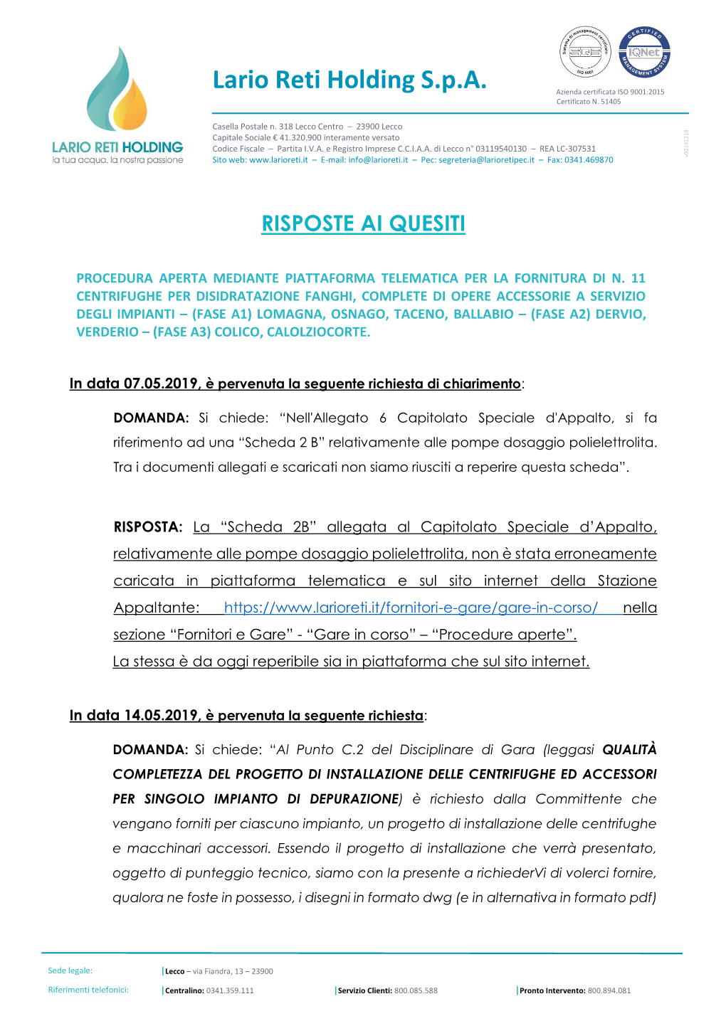 Lario Reti Holding S.P.A. Azienda Certificata ISO 9001:2015 Certificato N