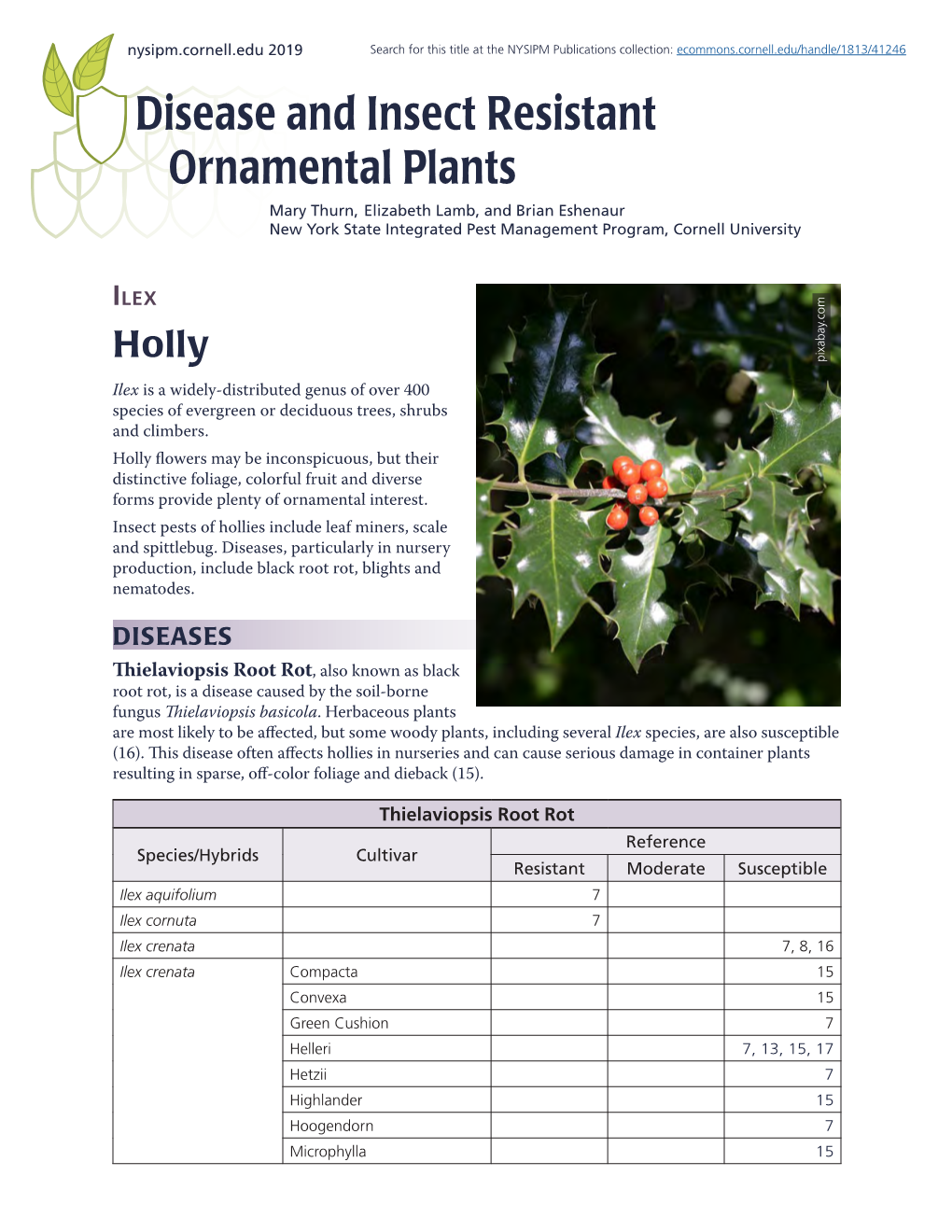 Disease and Insect Resistant Ornamental Plants: Ilex (Holly)