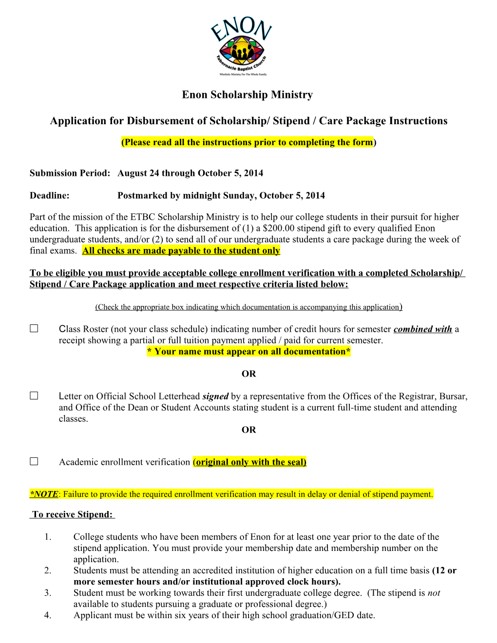 Application for Disbursement of Scholarship/ Stipend / Care Package Instructions