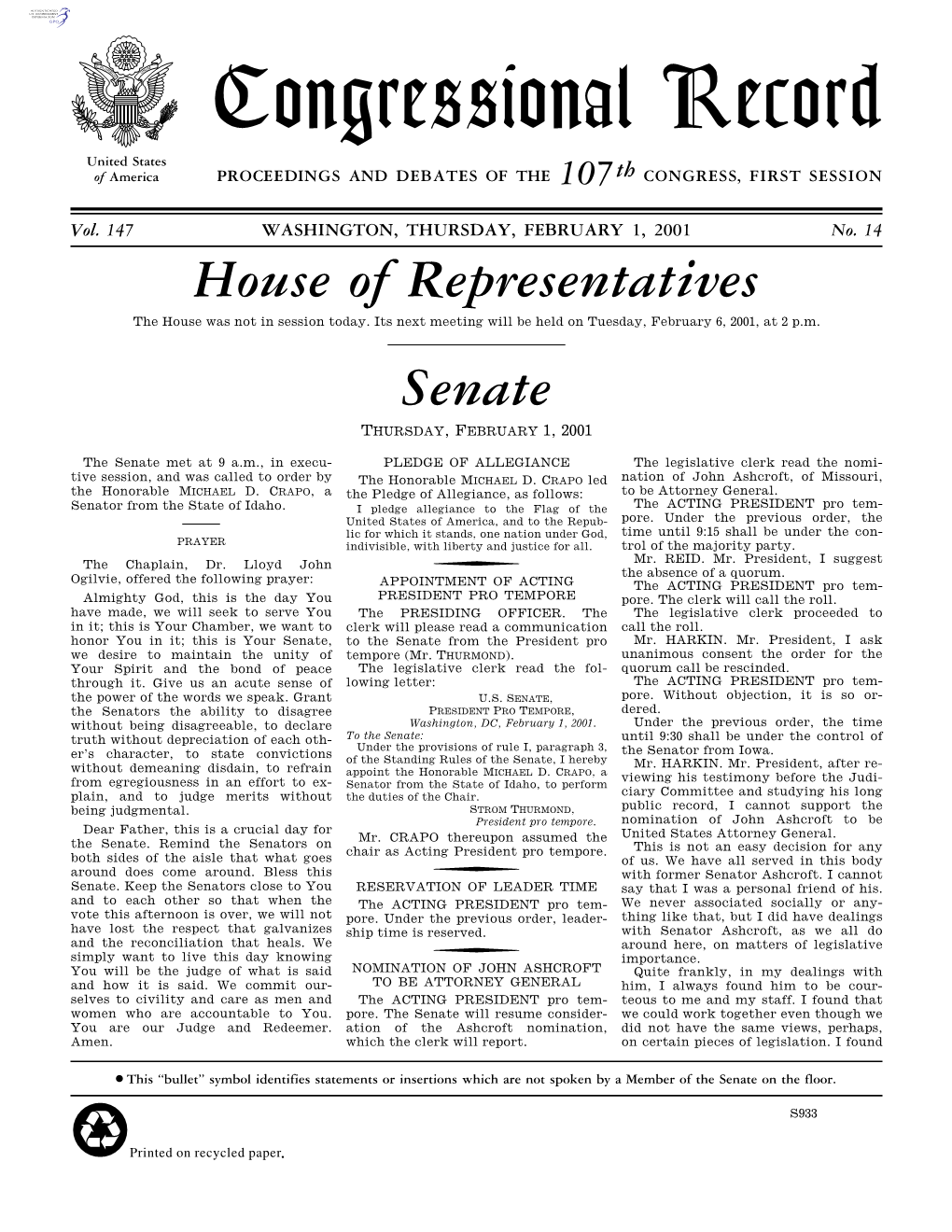 Congressional Record United States of America PROCEEDINGS and DEBATES of the 107Th CONGRESS, FIRST SESSION