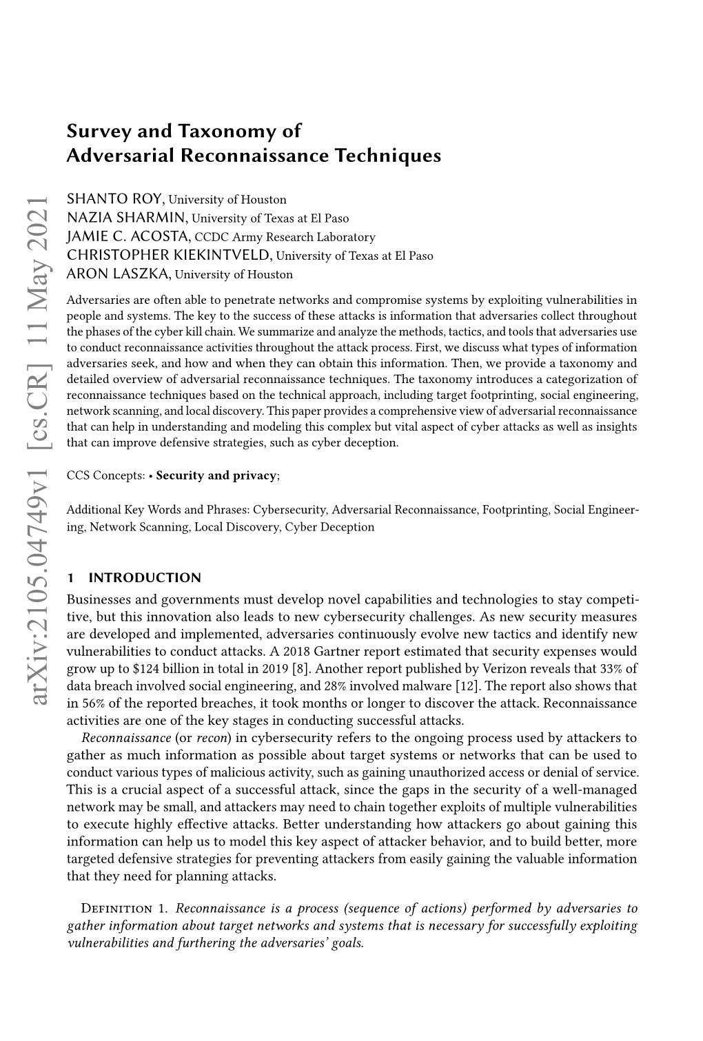 Survey and Taxonomy Ofadversarial Reconnaissance Techniques