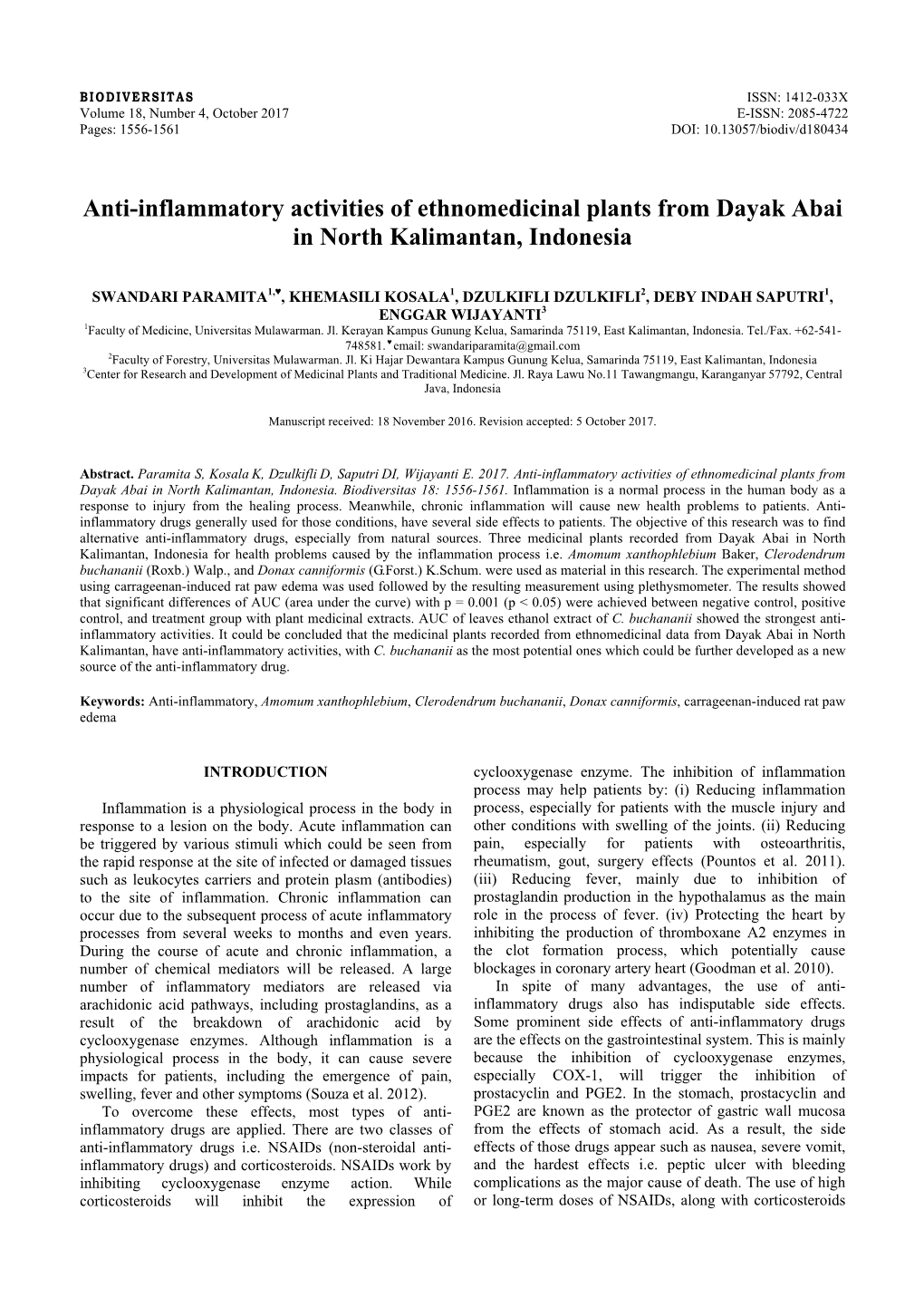 Anti-Inflammatory Activities of Ethnomedicinal Plants from Dayak Abai in North Kalimantan, Indonesia