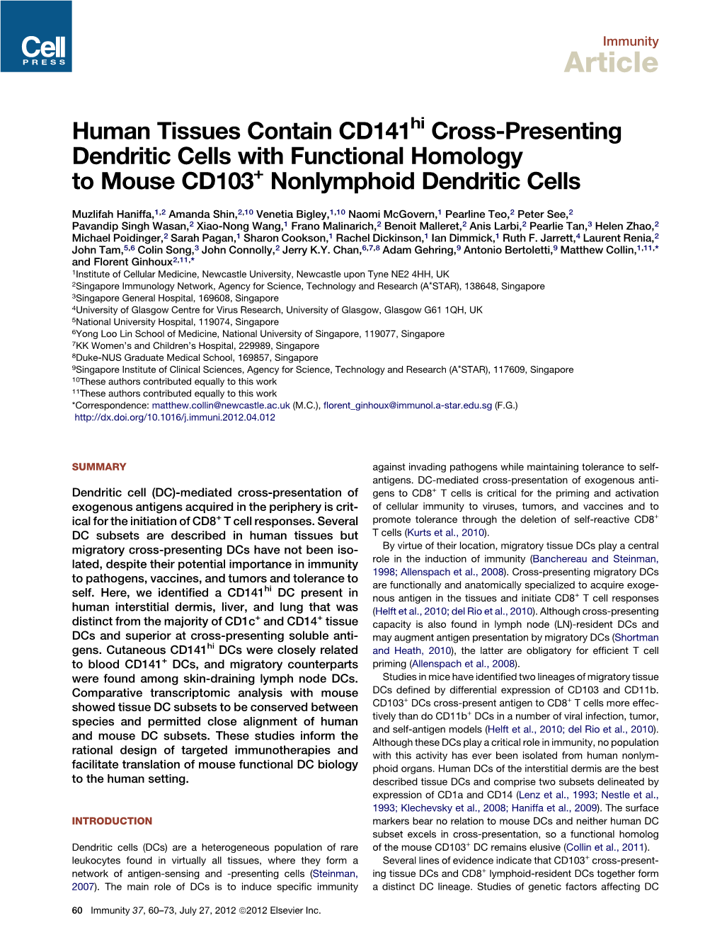 Human Tissues Contain Cd141hi Cross-Presenting Dendritic Cells with Functional Homology to Mouse CD103+ Nonlymphoid Dendritic Cells