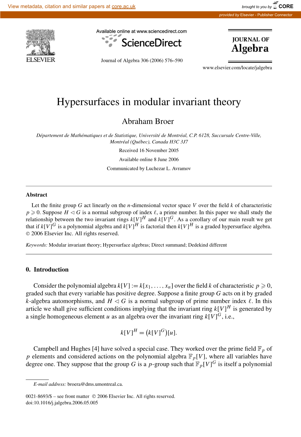 Hypersurfaces in Modular Invariant Theory