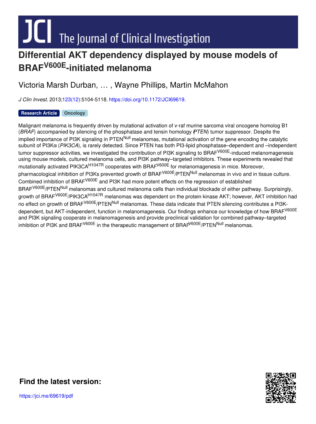 Differential AKT Dependency Displayed by Mouse Models of BRAFV600E-Initiated Melanoma