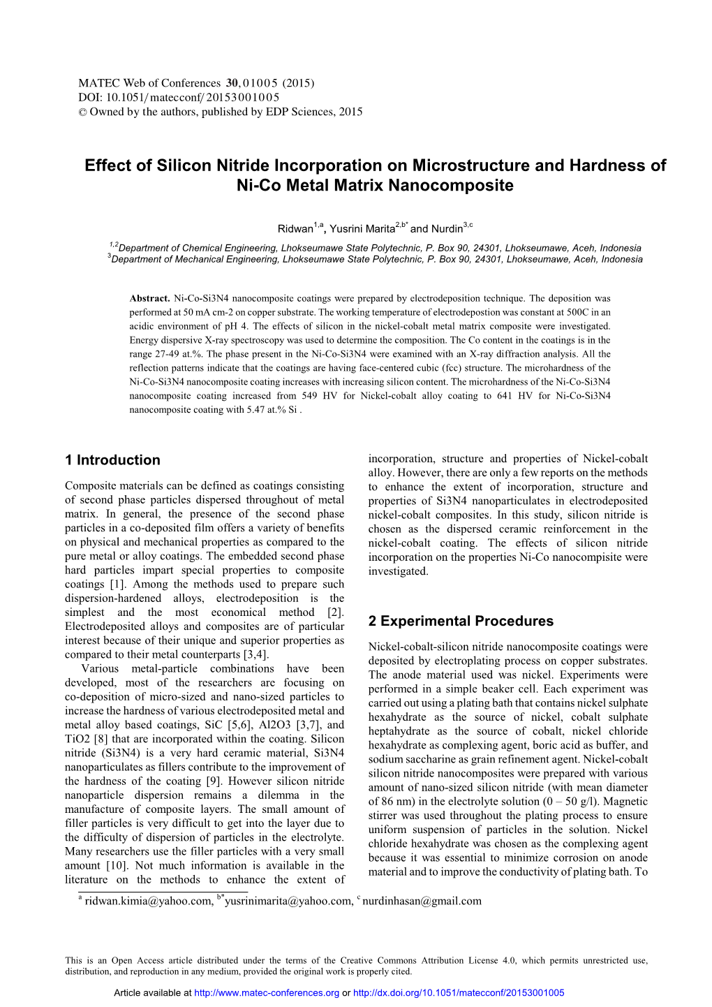 Effect of Silicon Nitride Incorporation on Microstructure and Hardness of Ni-Co Metal Matrix Nanocomposite