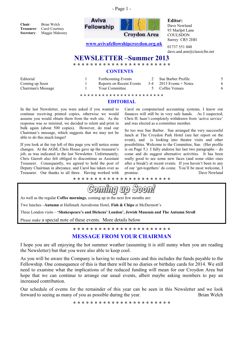 NEWSLETTER –Summer 2013