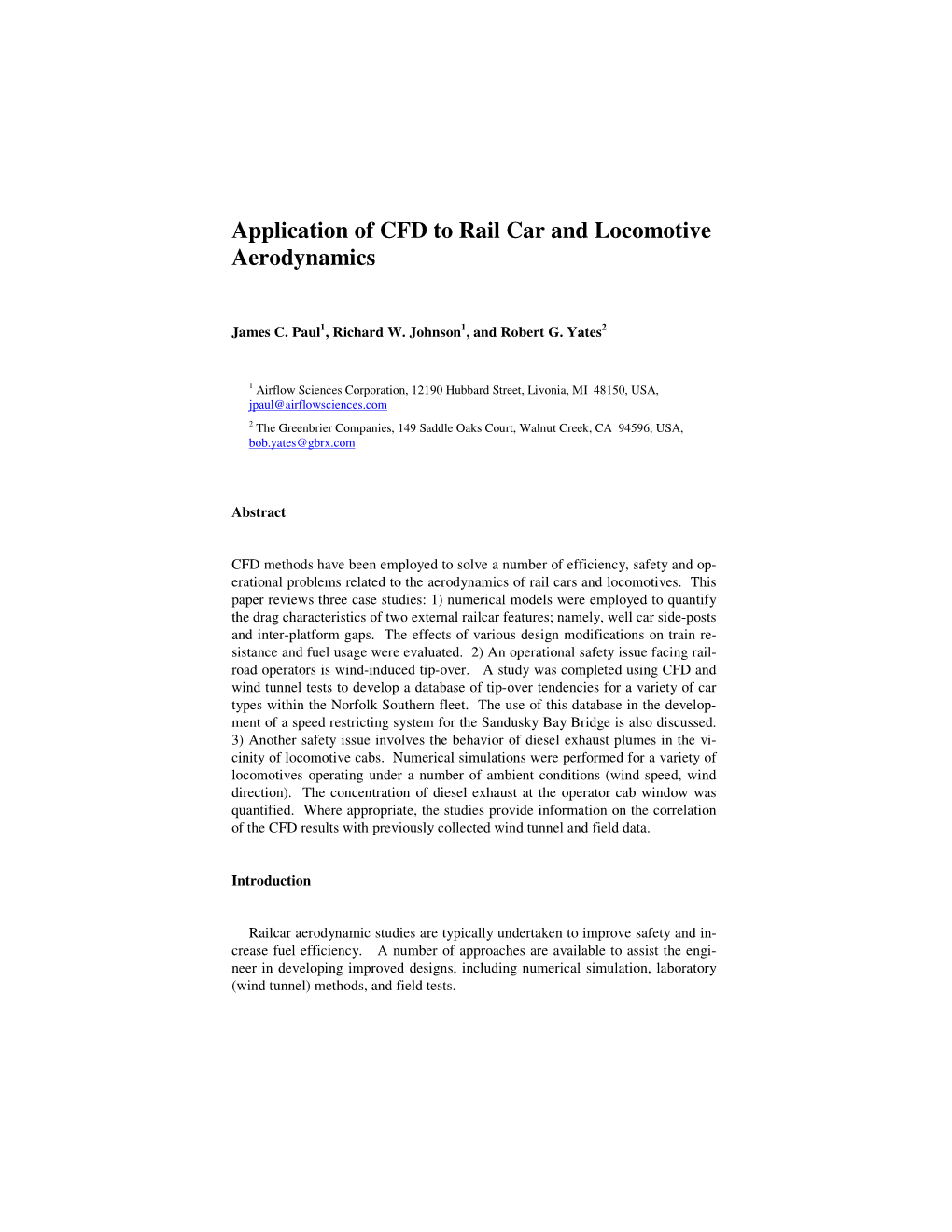 Application of CFD to Rail Car and Locomotive Aerodynamics