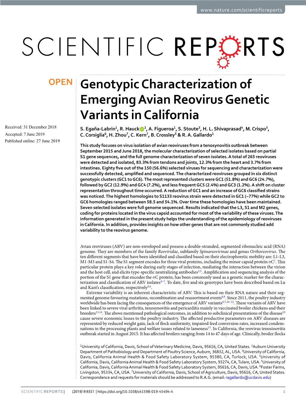 Genotypic Characterization of Emerging Avian Reovirus Genetic Variants in California Received: 31 December 2018 S
