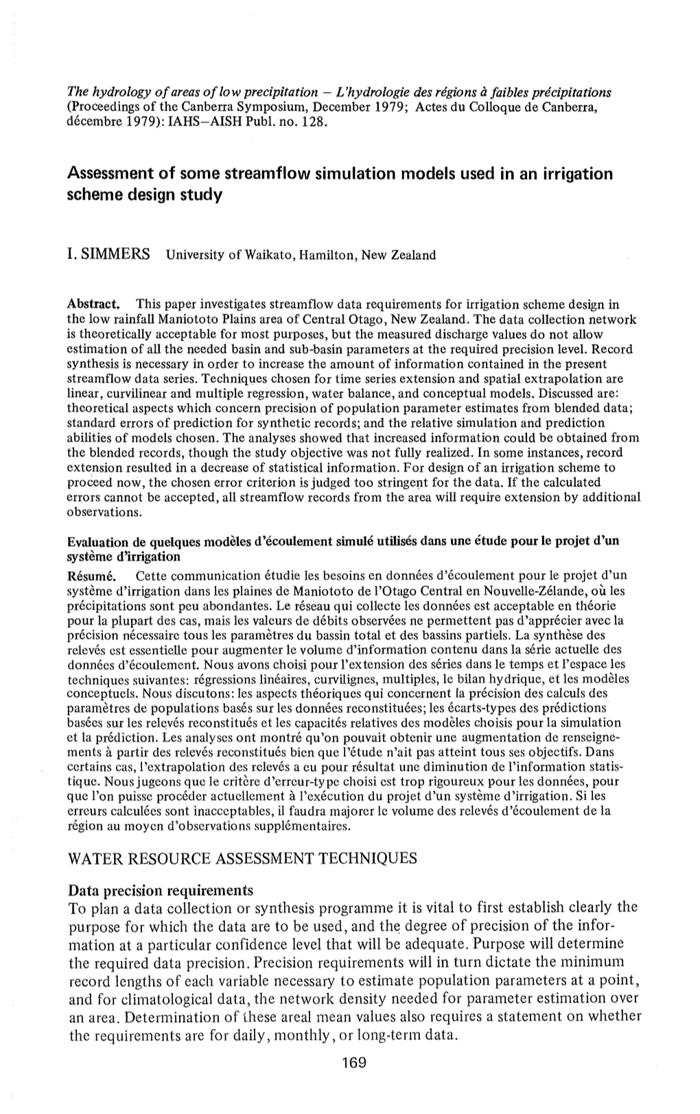 Assessment of Some Streamflow Simulation Models Used in an Irrigation Scheme Design Study