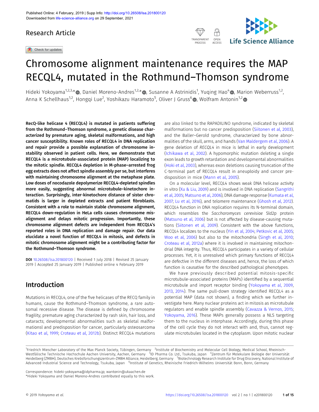 Chromosome Alignment Maintenance Requires the MAP RECQL4, Mutated in the Rothmund–Thomson Syndrome