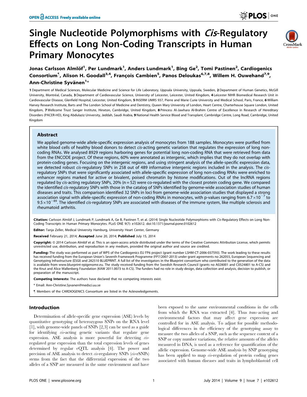 Single Nucleotide Polymorphisms with Cis-Regulatory Effects on Long Non-Coding Transcripts in Human Primary Monocytes