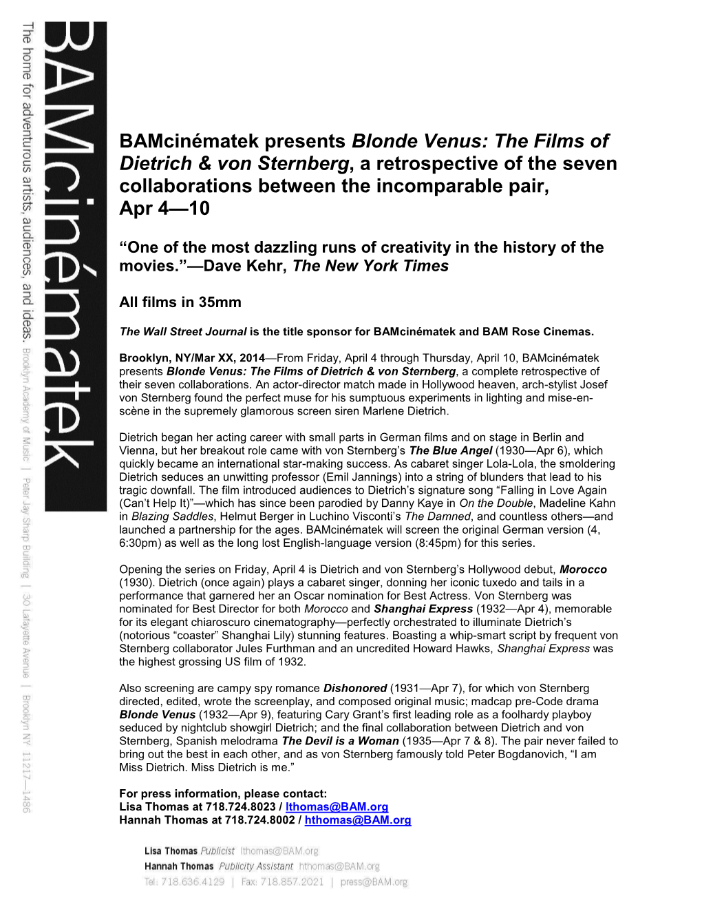 Bamcinématek Presents Blonde Venus: the Films of Dietrich & Von