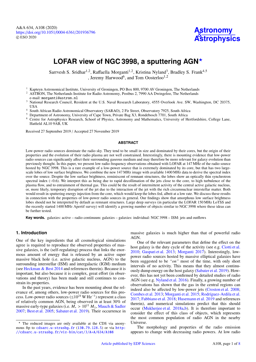 LOFAR View of NGC 3998, a Sputtering AGN? Sarrvesh S