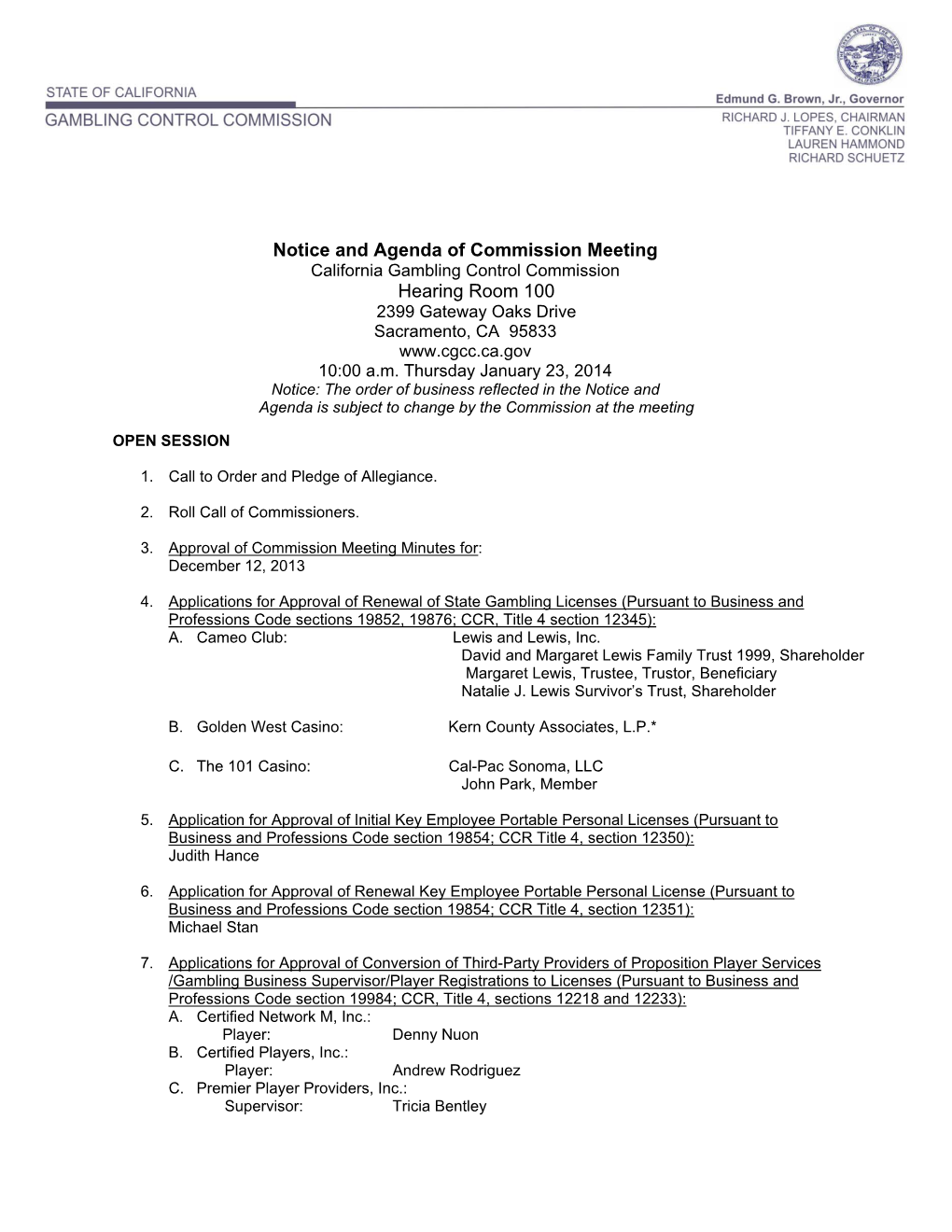 Notice and Agenda of Commission Meeting Hearing Room