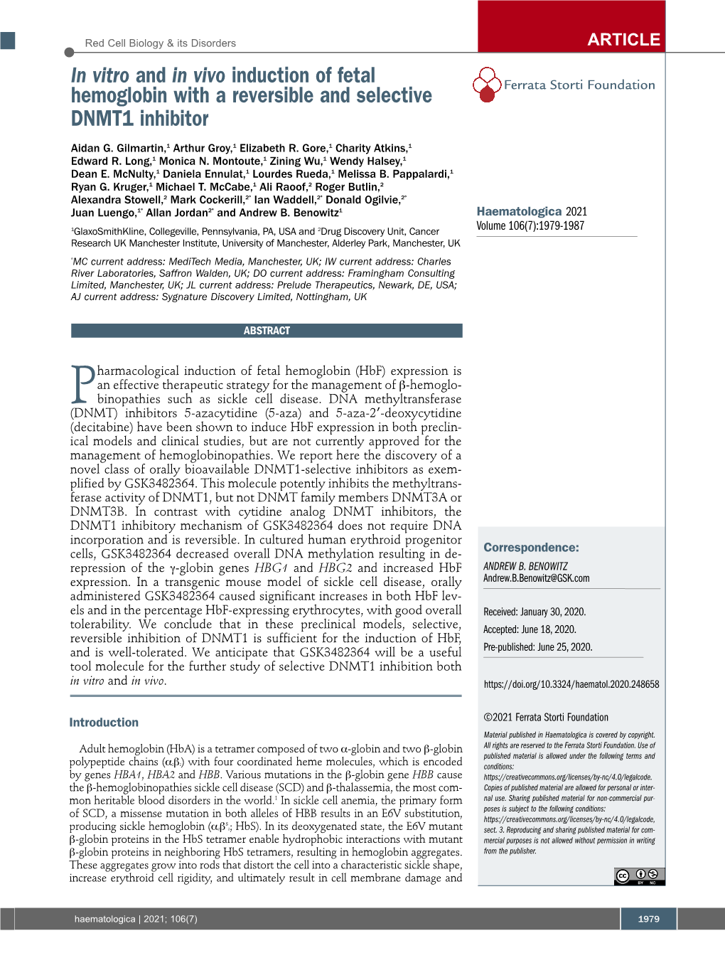 In Vitro and in Vivo Induction of Fetal Hemoglobin with a Reversible and Selective Ferrata Storti Foundation DNMT1 Inhibitor