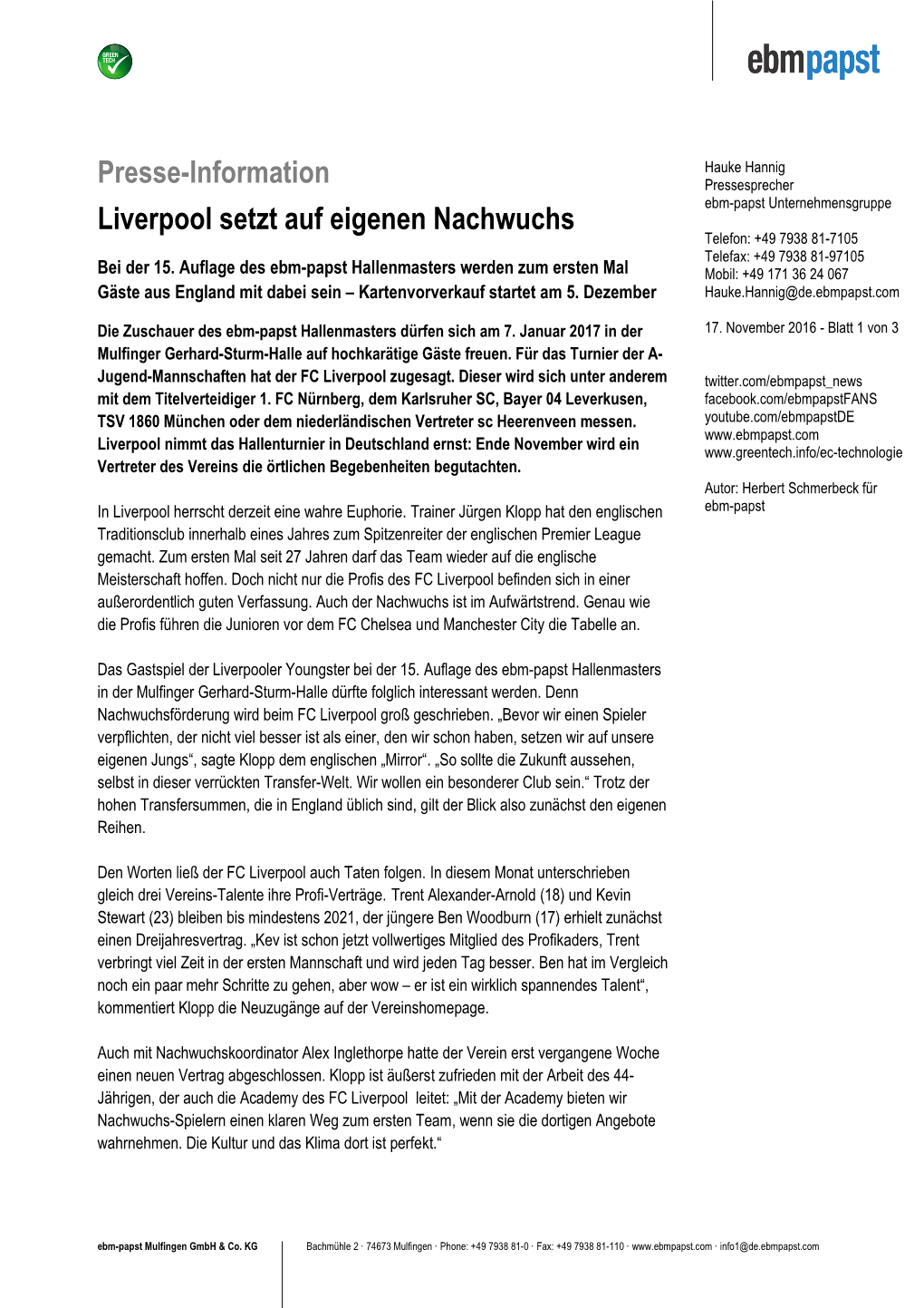 Presse-Information Liverpool Setzt Auf Eigenen Nachwuchs