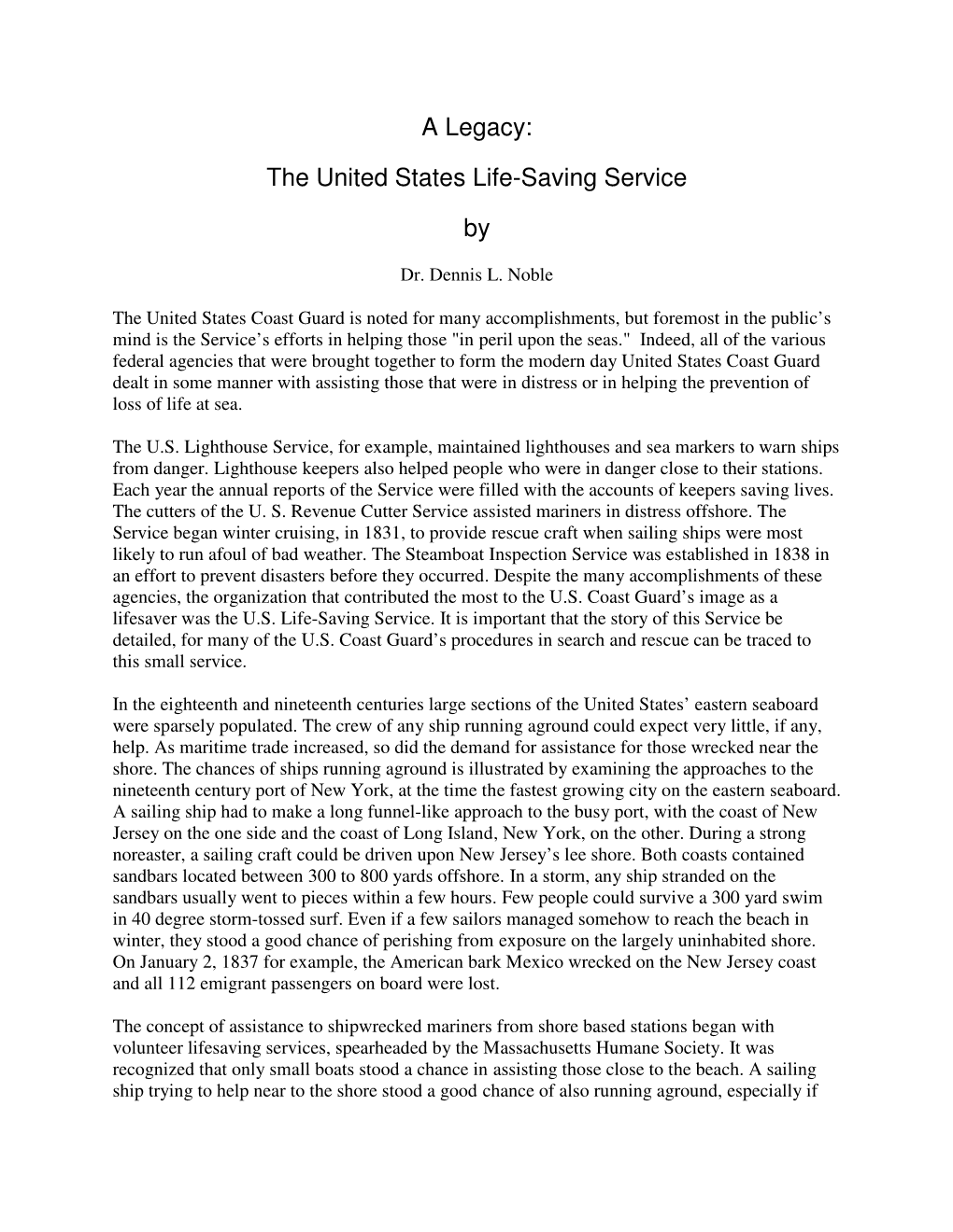 A Legacy: the United States Life-Saving Service By