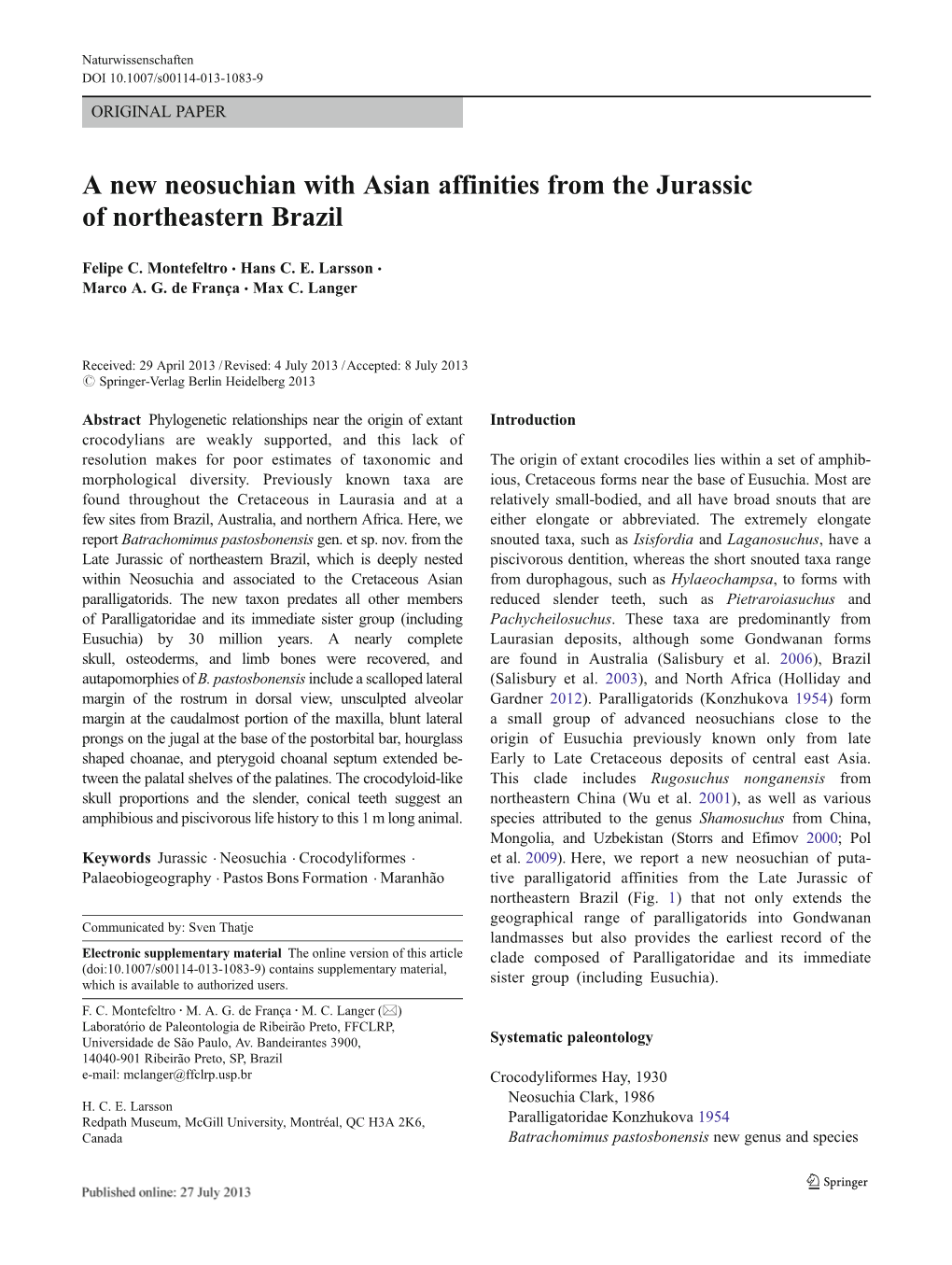 A New Neosuchian with Asian Affinities from the Jurassic of Northeastern Brazil