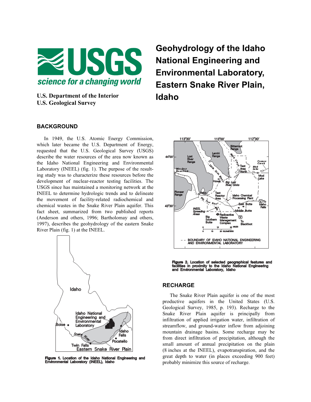 Geohydrology of the Idaho National Engineering and Environmental Laboratory, Eastern Snake River Plain, Idaho