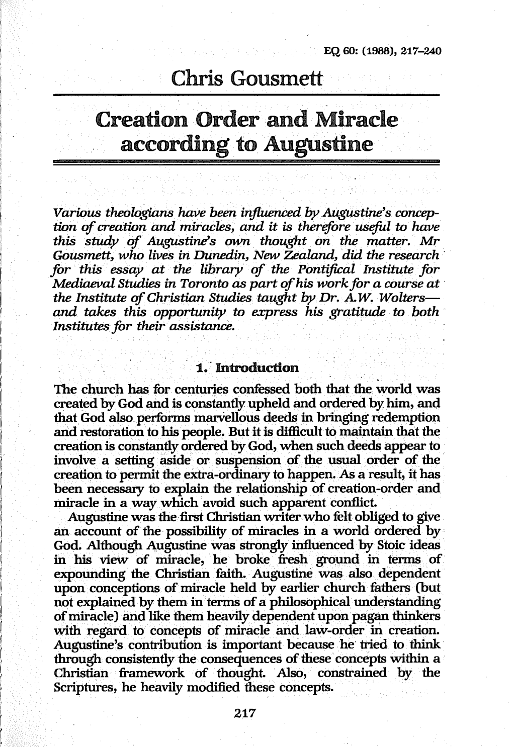 Coos Gousmett Creation Order and Miracle According to Augustine