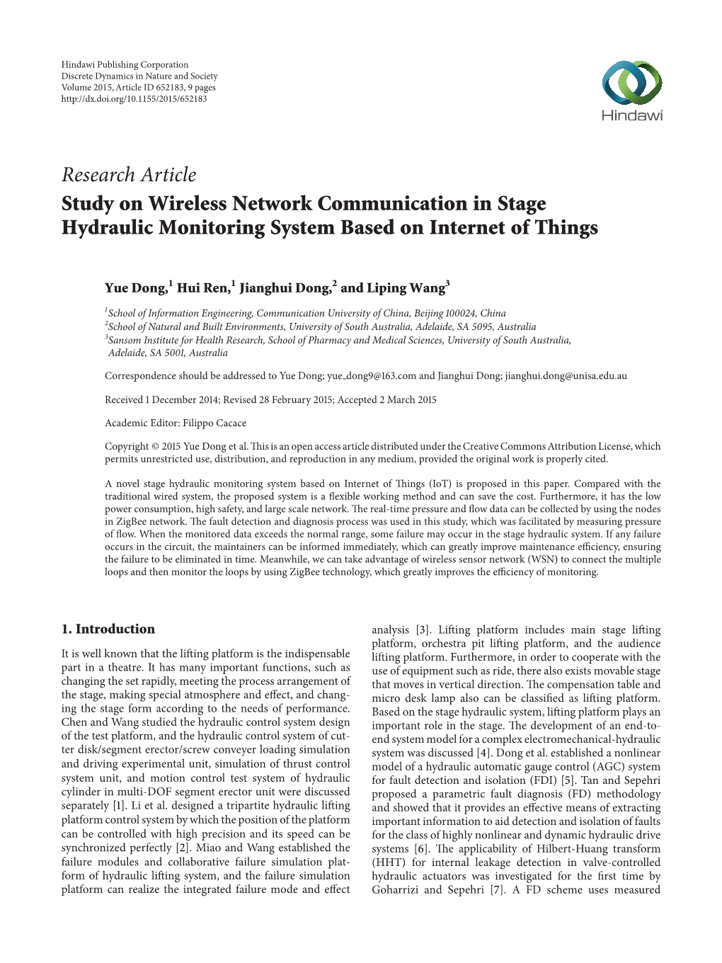 Study on Wireless Network Communication in Stage Hydraulic Monitoring System Based on Internet of Things