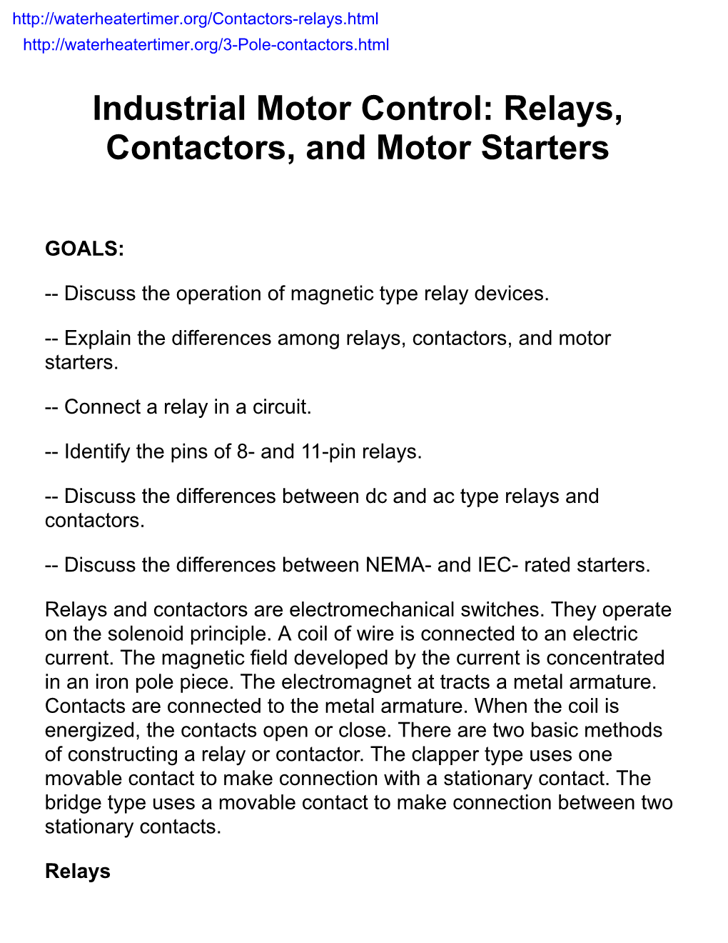 Relays, Contactors, and Motor Starters