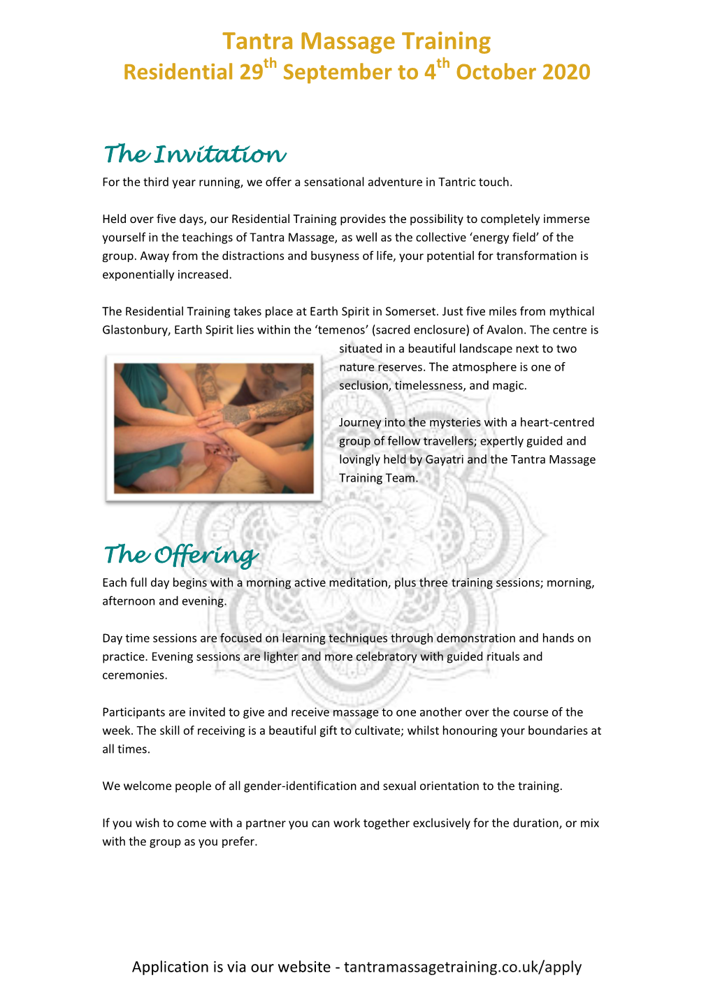Tantra Massage Training Residential 29Th September to 4Th October 2020