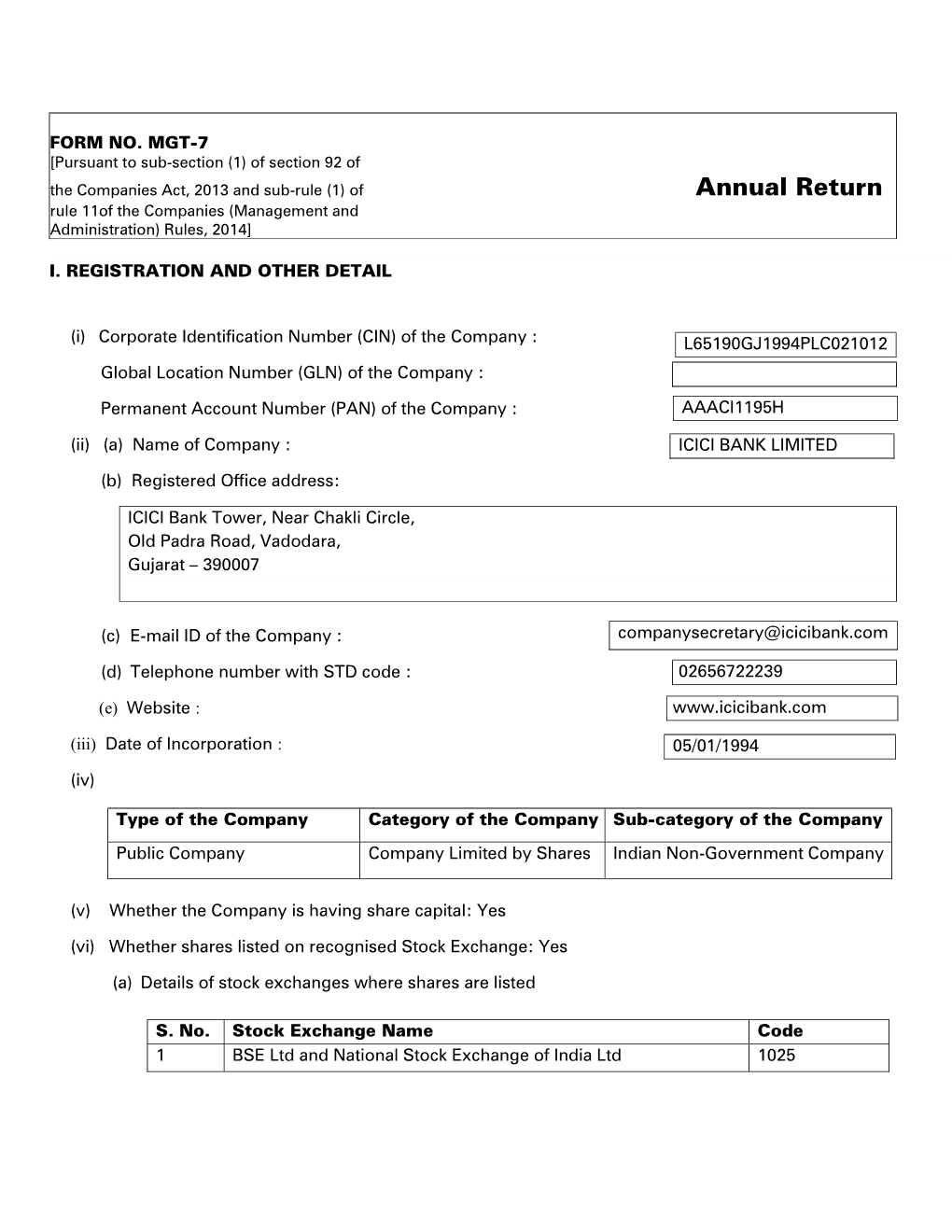 Annual Return Rule 11Of the Companies (Management and Administration) Rules, 2014]