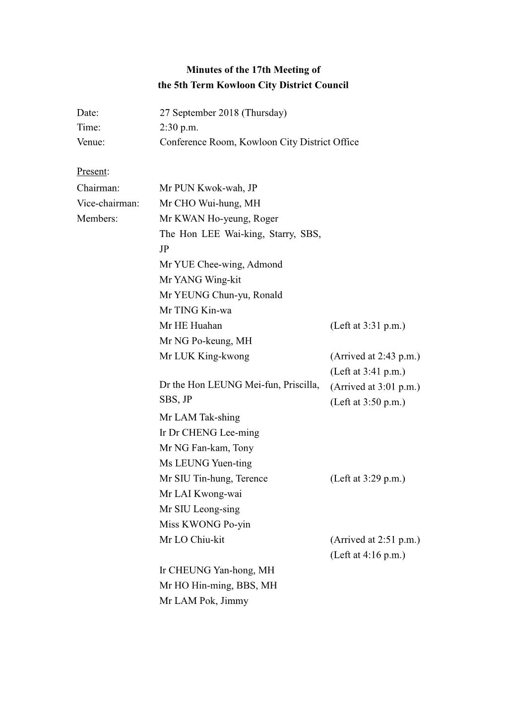 Minutes of the 17Th Meeting of the 5Th Term Kowloon City District Council