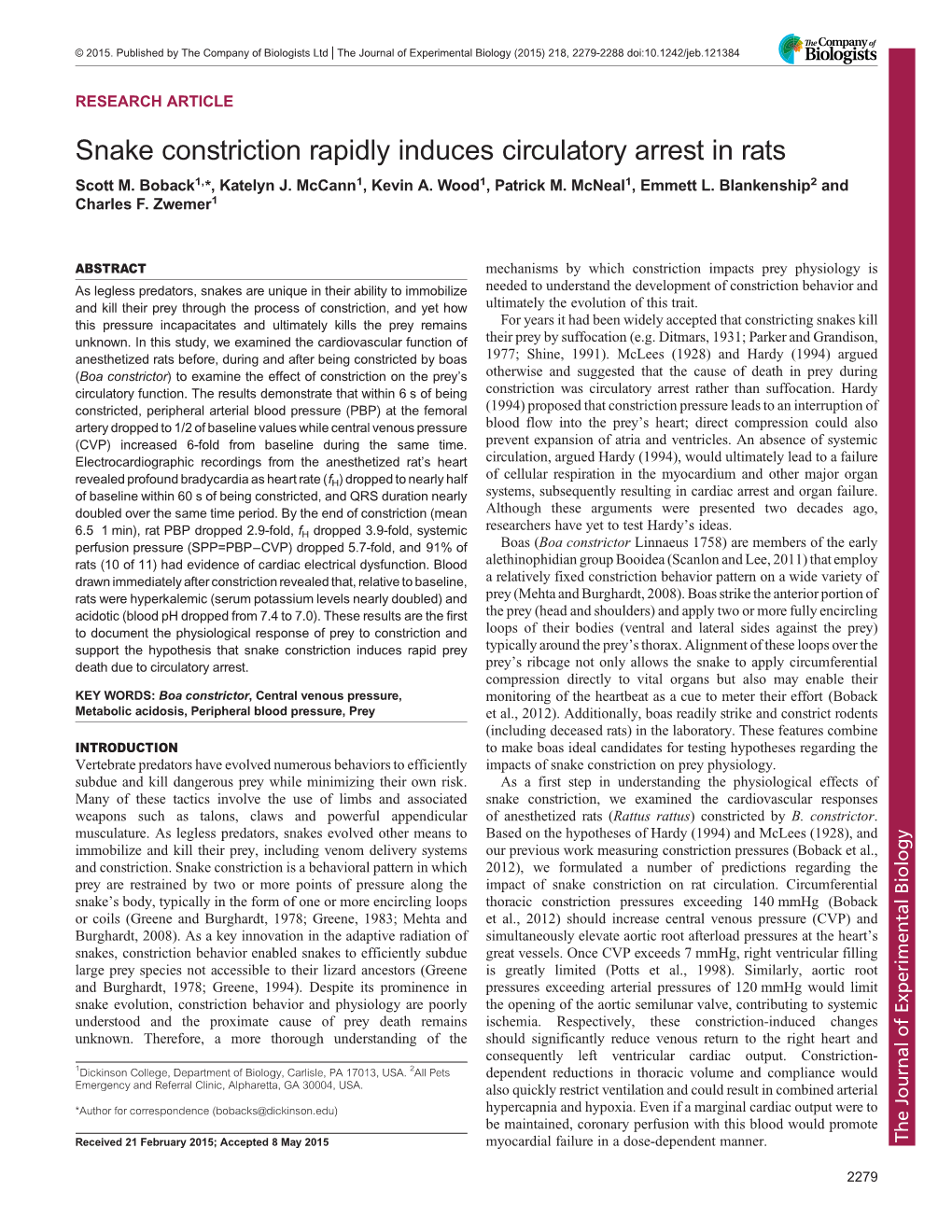 Snake Constriction Rapidly Induces Circulatory Arrest in Rats Scott M