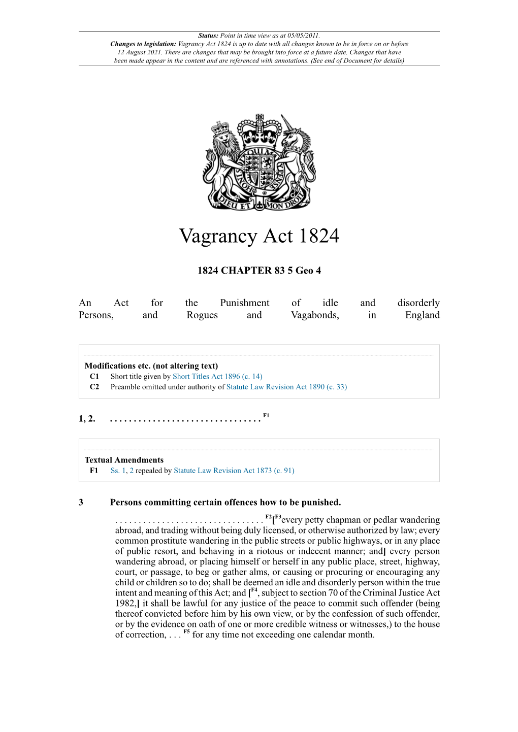Vagrancy Act 1824 Is up to Date with All Changes Known to Be in Force on Or Before 12 August 2021