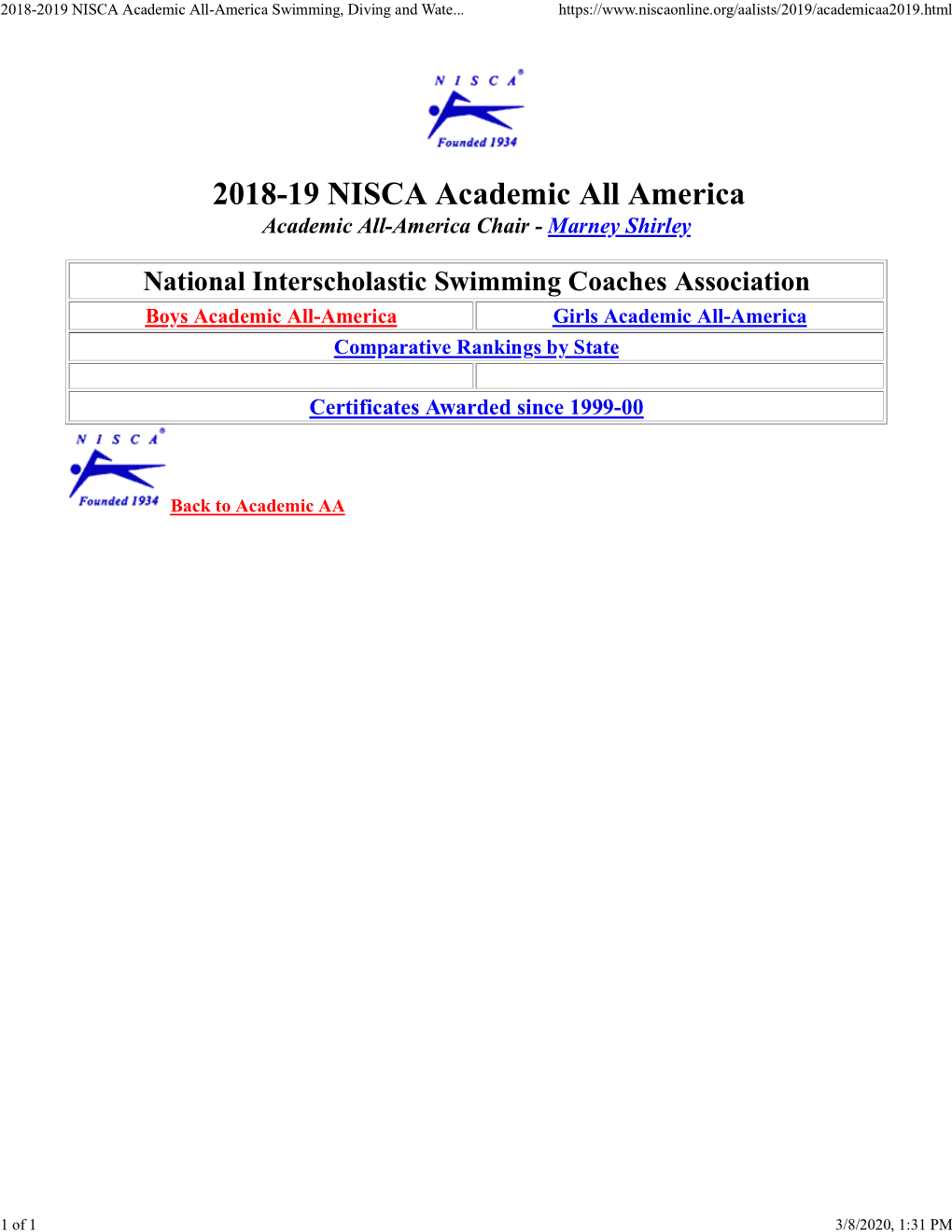 2018-2019 NISCA Academic All-America Swimming, Diving and Water Polo