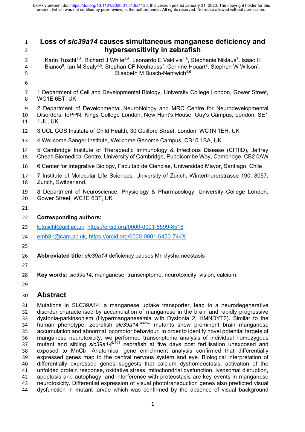 Loss of Slc39a14 Causes Simultaneous Manganese