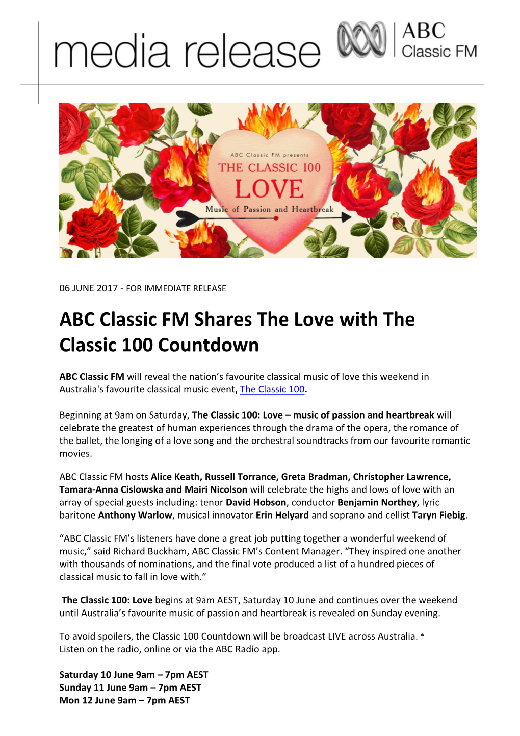 ABC Classic FM Shares the Love with the Classic 100 Countdown