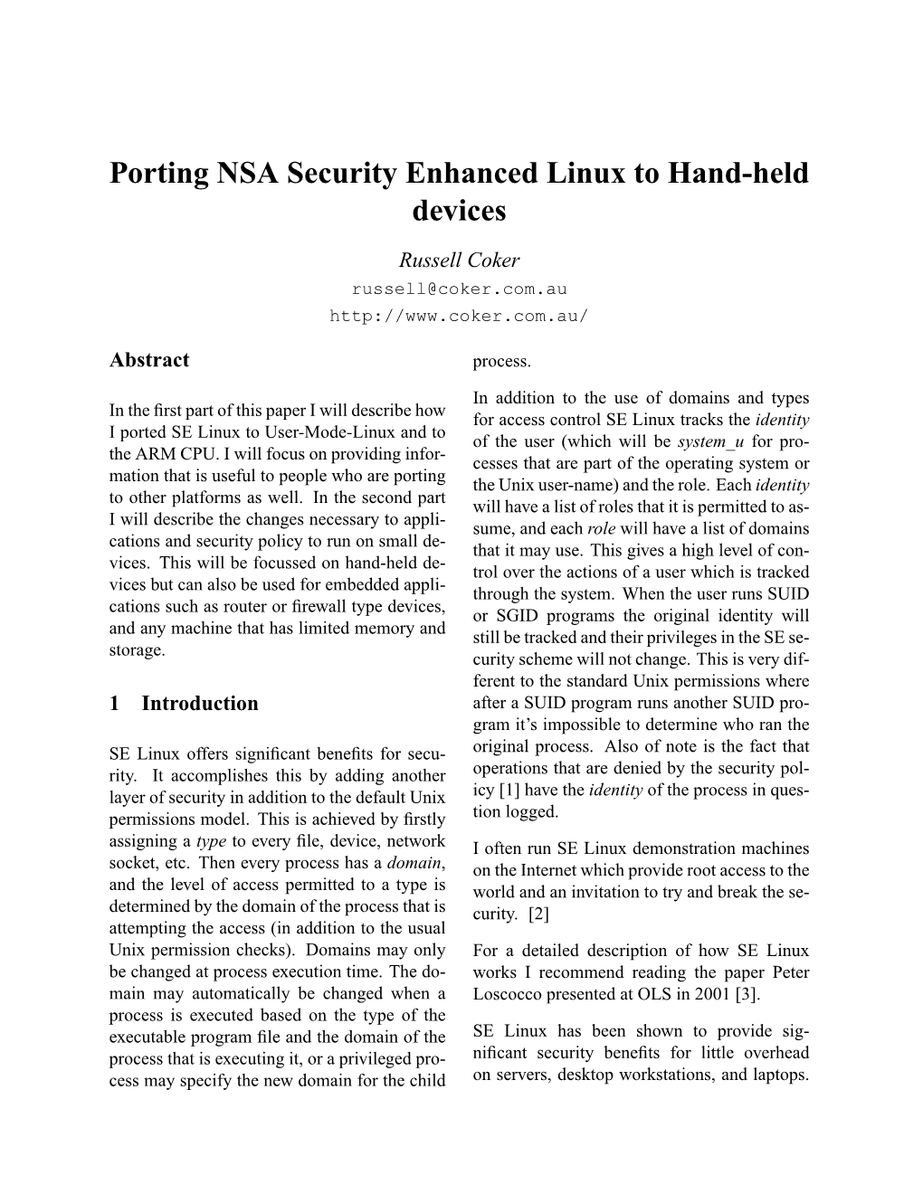 Porting NSA Security Enhanced Linux to Hand-Held Devices