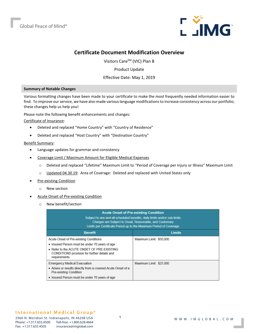 Certificate Document Modification Overview Visitors Caresm (VIC) Plan B Product Update Effective Date: May 1, 2019