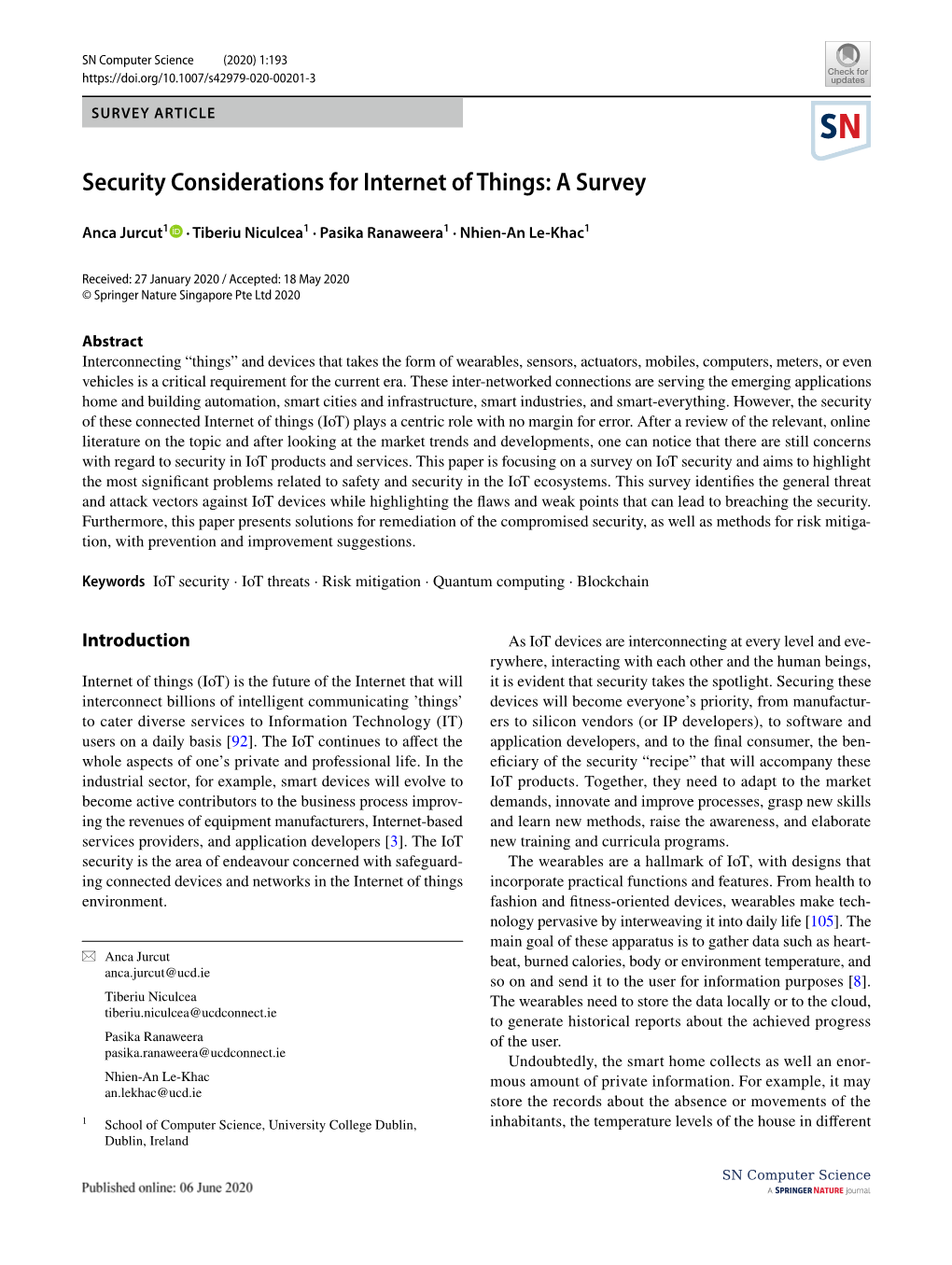 Security Considerations for Internet of Things: a Survey