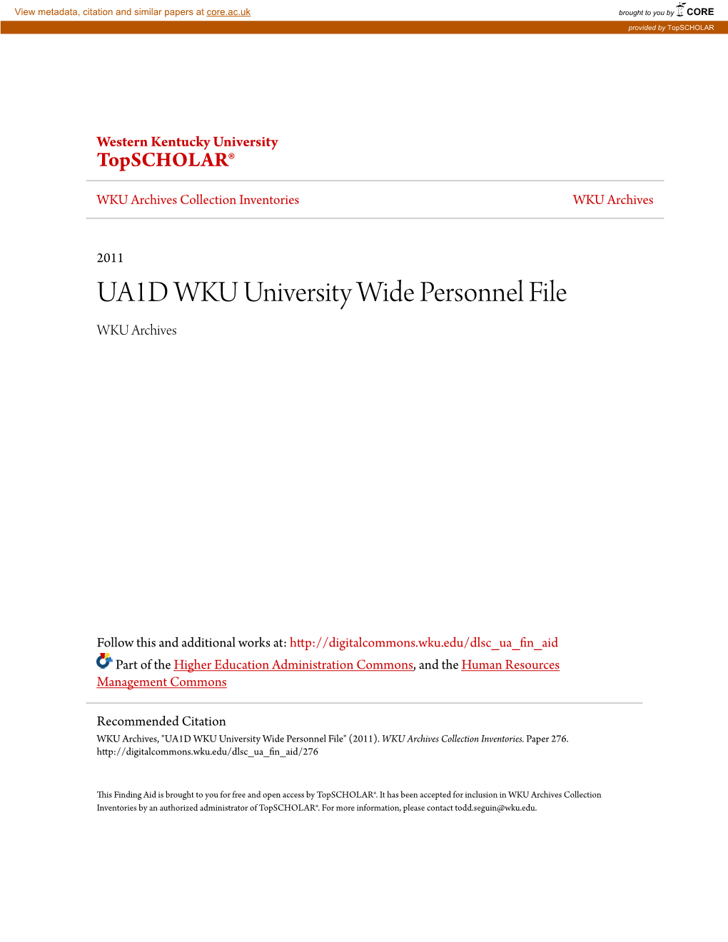 UA1D WKU University Wide Personnel File WKU Archives