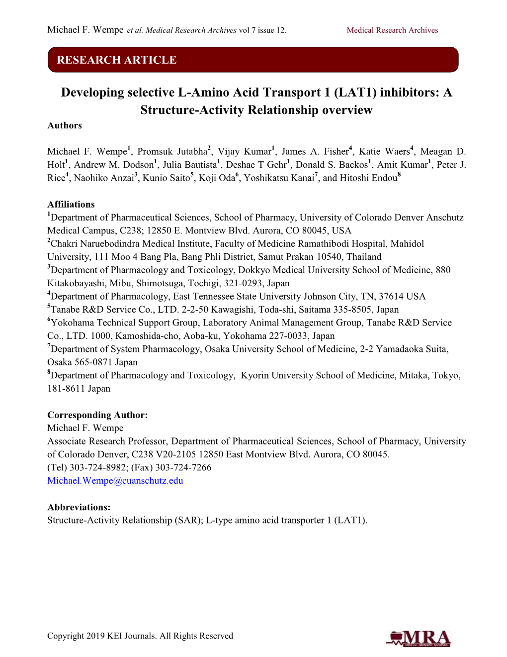 Developing Selective L-Amino Acid Transport 1 (LAT1) Inhibitors: a Structure-Activity Relationship Overview Authors