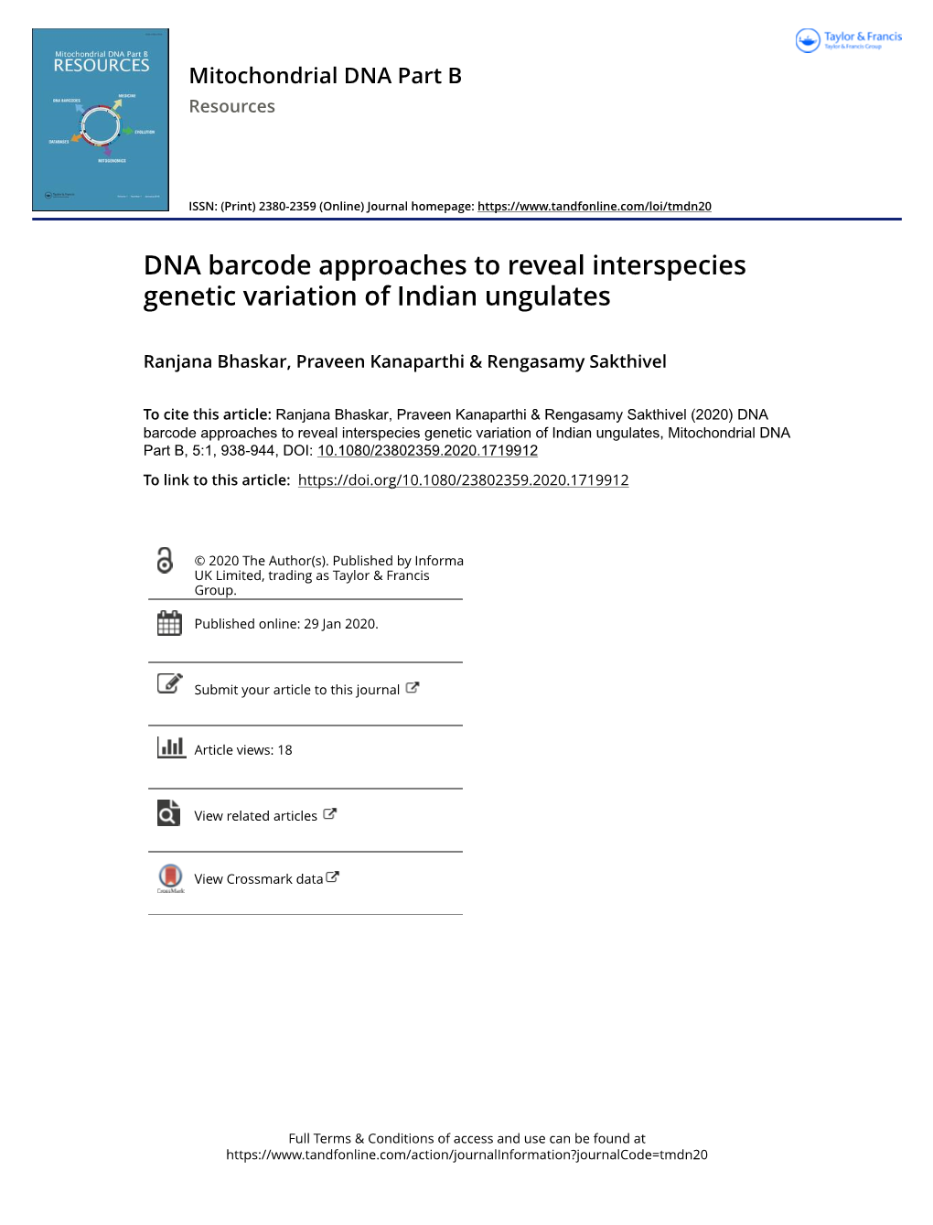 DNA Barcode Approaches to Reveal Interspecies Genetic Variation of Indian Ungulates