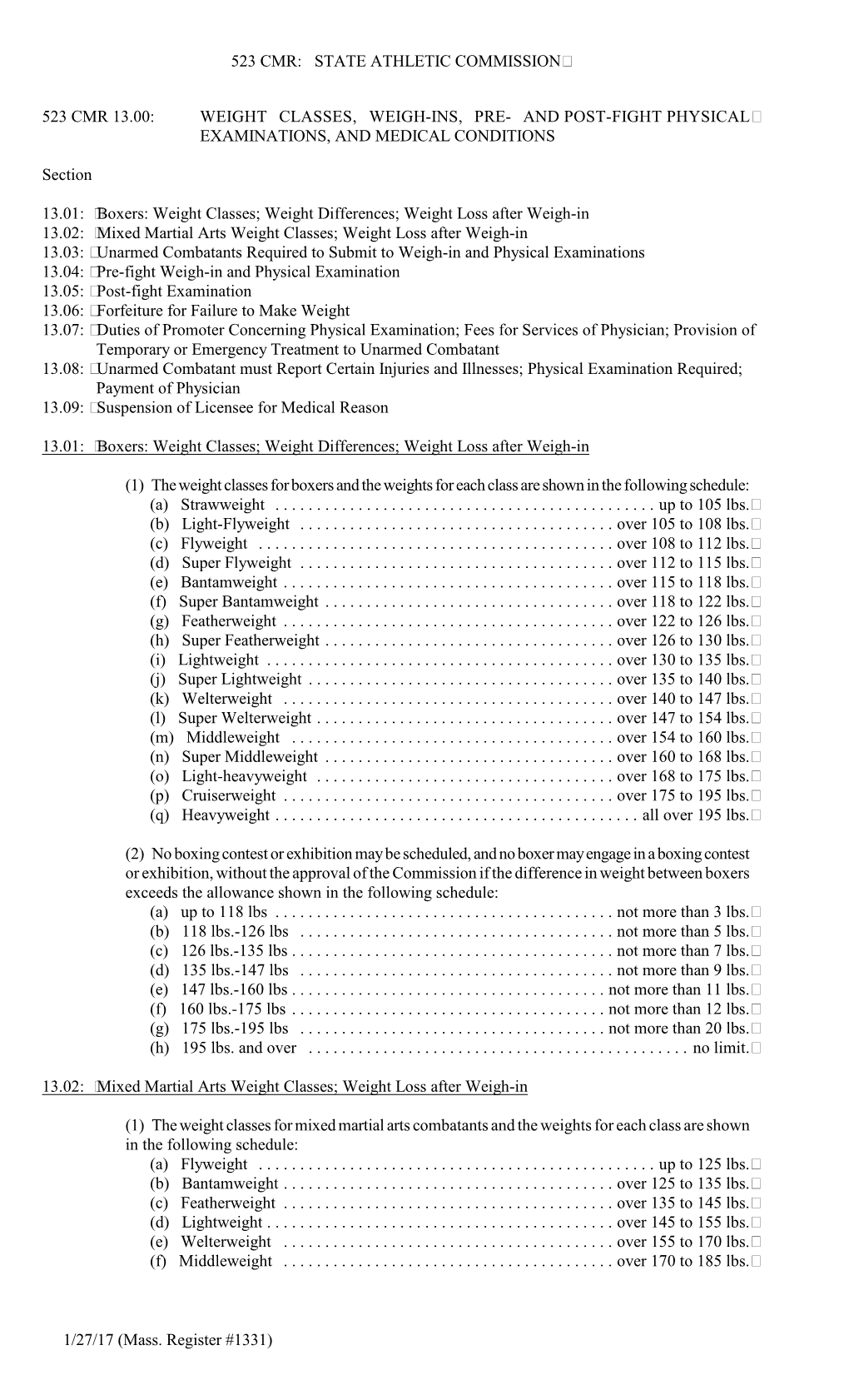 State Athletic Commission 523 Cmr 13.00: Weight Classes