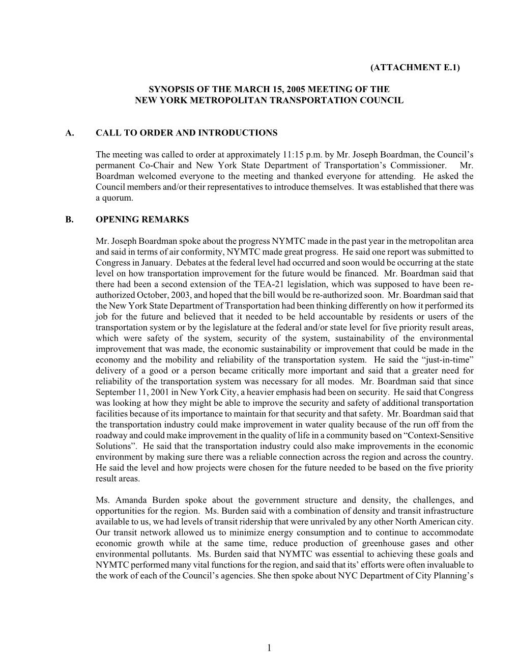 Synopsis of the March 15, 2005 Meeting of the New York Metropolitan Transportation Council