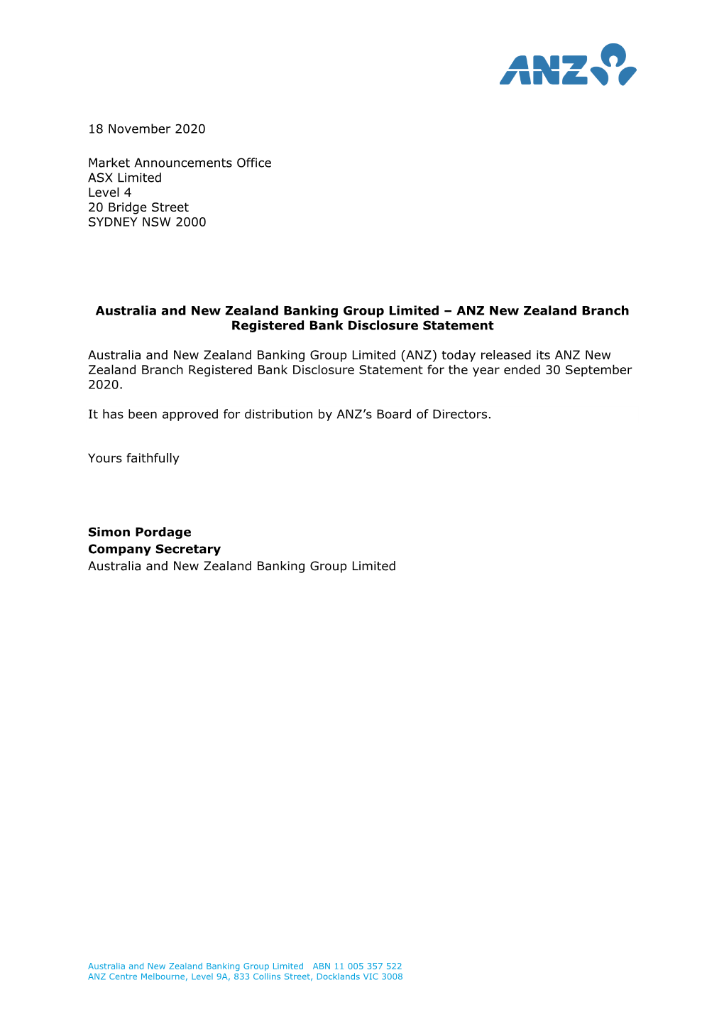 18 November 2020 Market Announcements Office ASX Limited