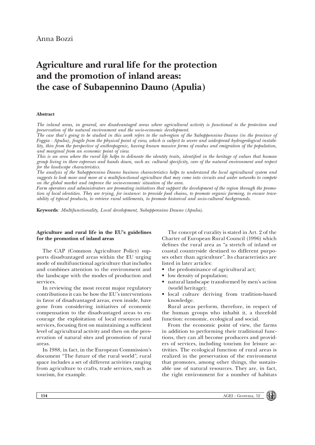 Agriculture and Rural Life for the Protection and the Promotion of Inland Areas: the Case of Subapennino Dauno (Apulia)