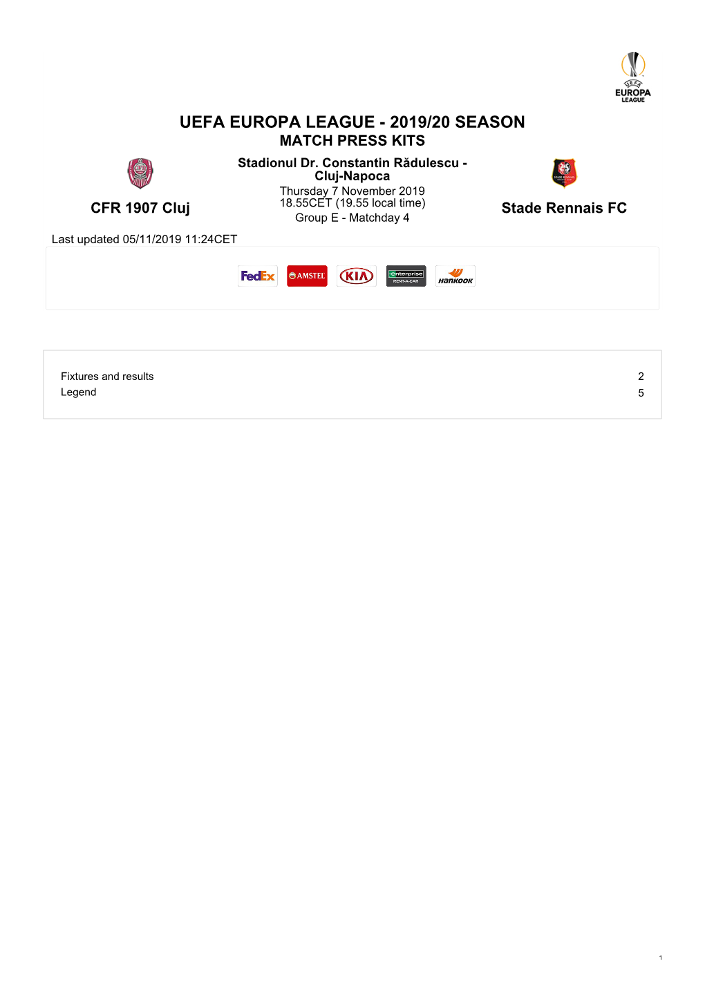 UEFA EUROPA LEAGUE - 2019/20 SEASON MATCH PRESS KITS Stadionul Dr