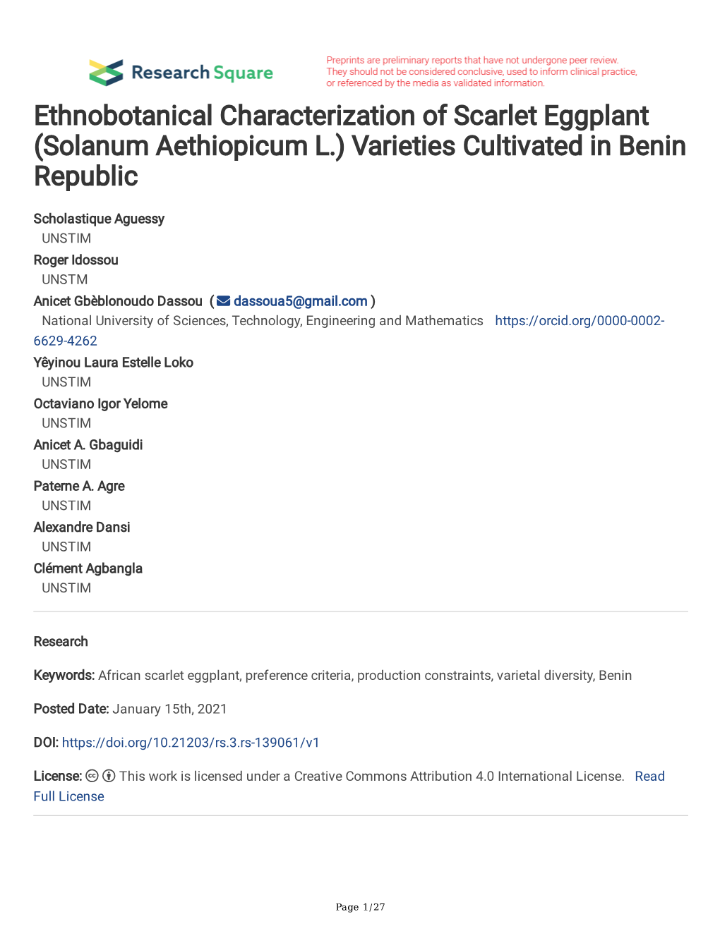 Ethnobotanical Characterization of Scarlet Eggplant (Solanum Aethiopicum L.) Varieties Cultivated in Benin Republic