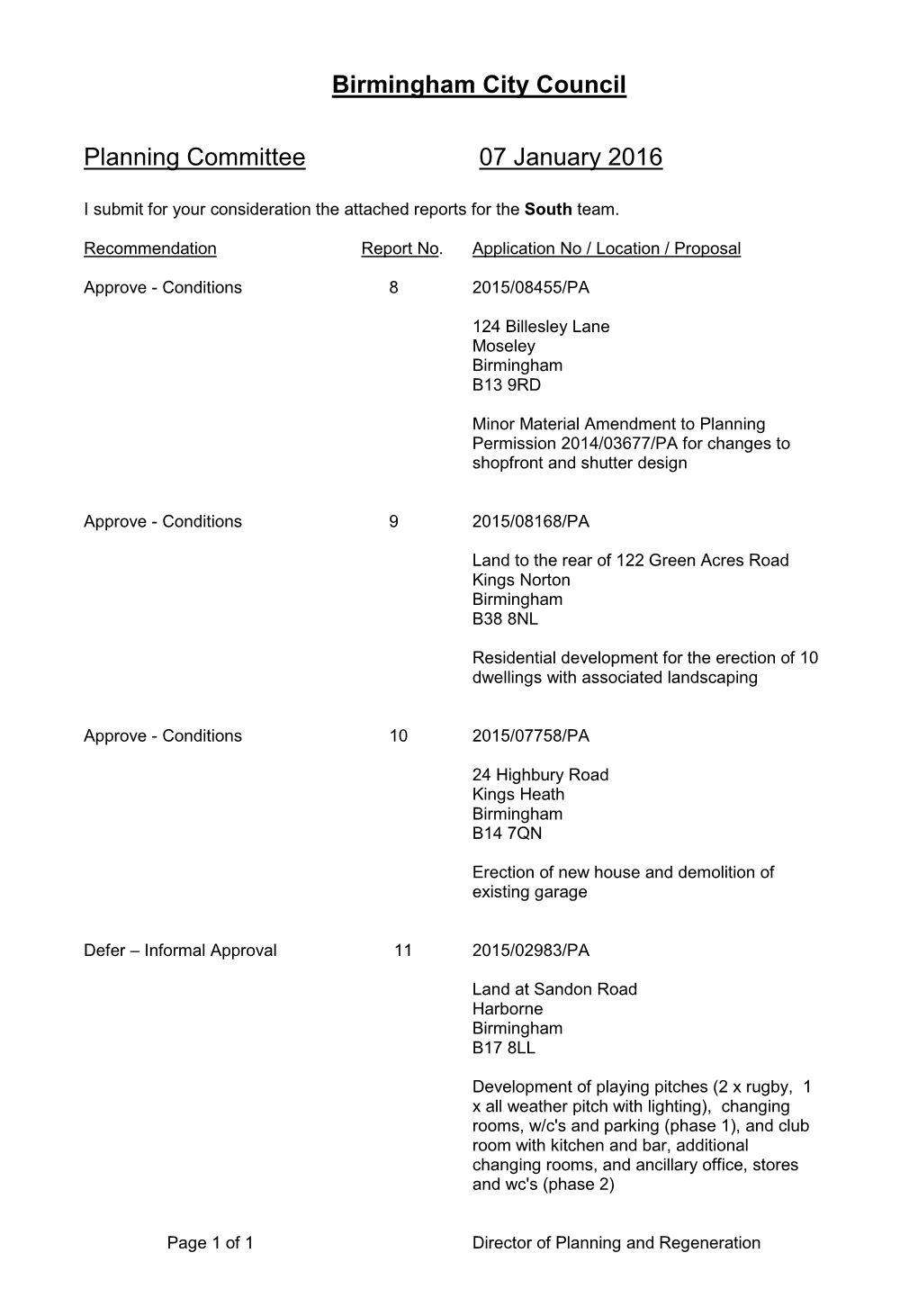 Birmingham City Council Planning Committee 07 January 2016