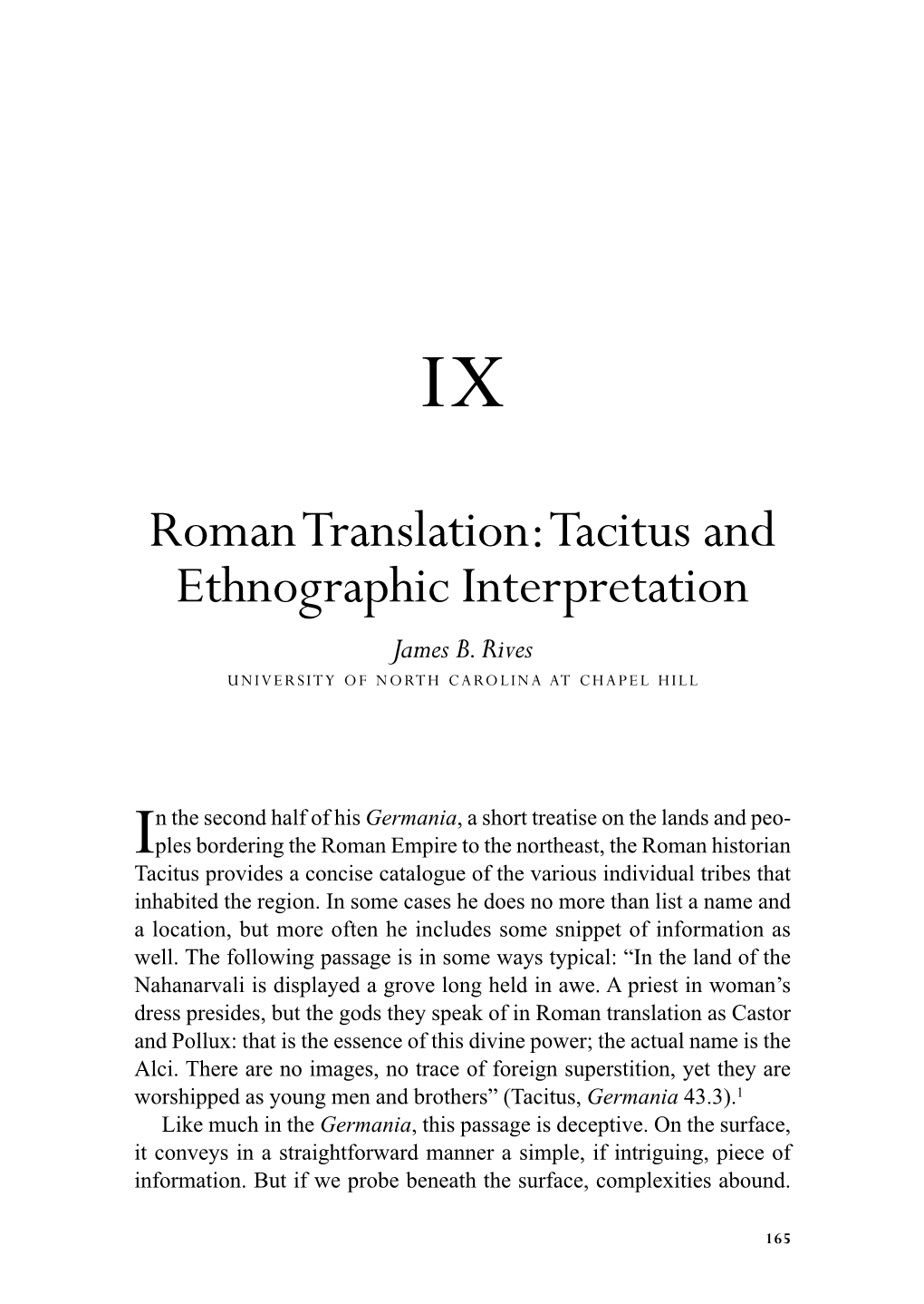 Roman Translation: Tacitus and Ethnographic Interpretation James B