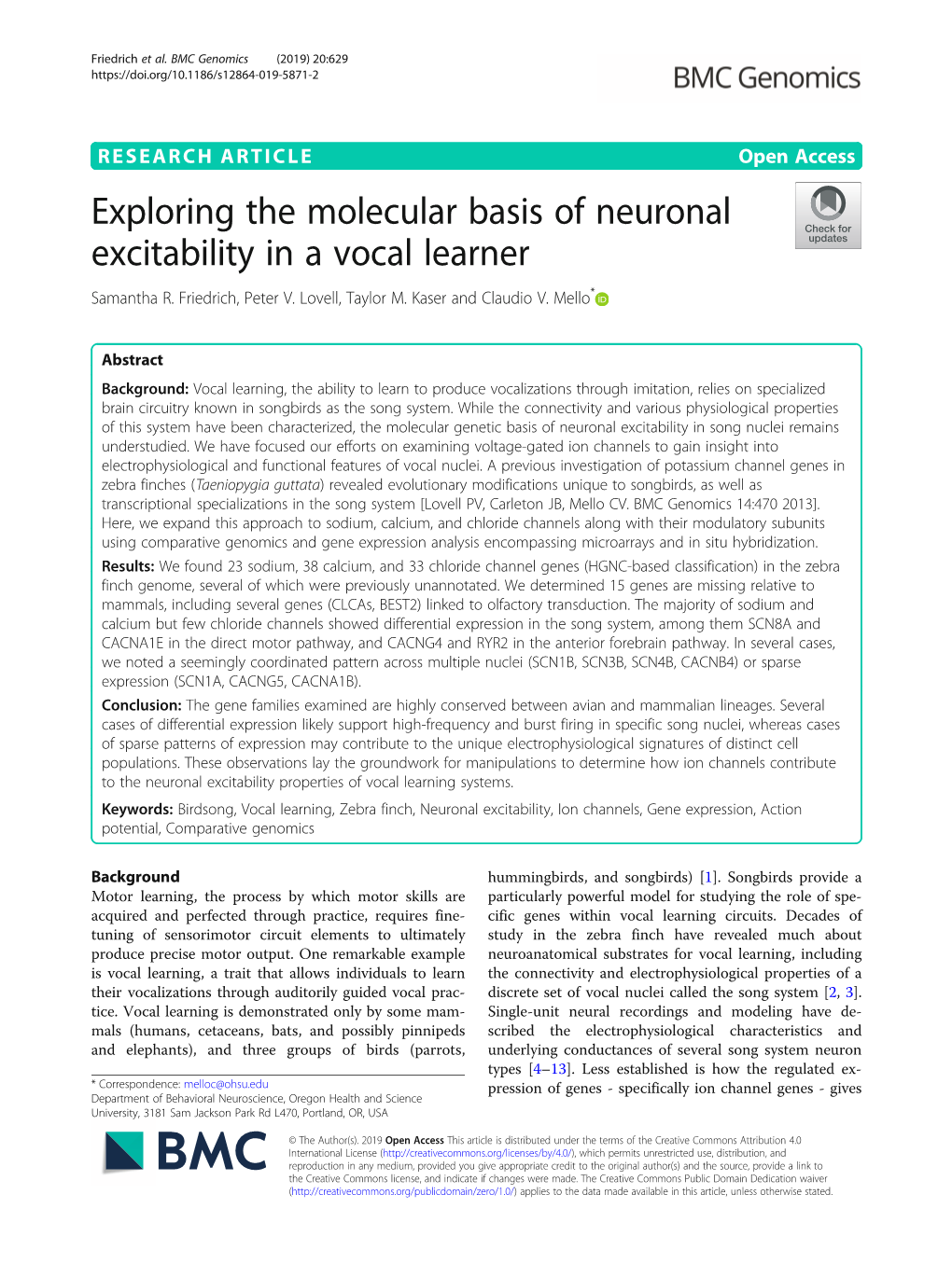 Exploring the Molecular Basis of Neuronal Excitability in a Vocal Learner Samantha R